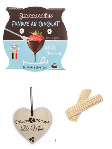 Premium Milk Chocolate Fondue Set - Chocofolie Gourmet Chocolate with Wooden Heart Ornament & 100 Bamboo Skewers - Perfect for Valentine's Day, Romantic Dates & Dessert Parties
