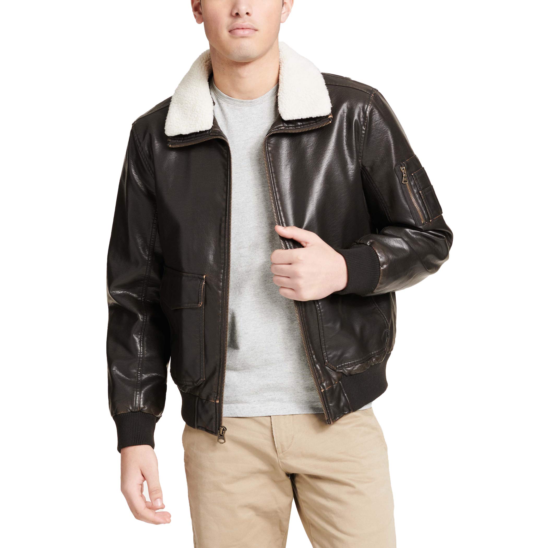 DOCKERS Men's Maverick Faux Leather Sherpa Collar Aviator Bomber Jacket for Men - Warm Winter Coat with Fleece Lining (Standard & Big-Tall Sizes) | Casual Outerwear for Fall & Winter Seasons