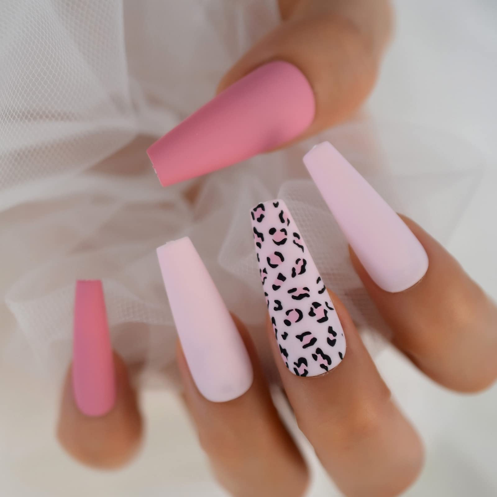 Coolnail Matte Pink Leopard Print Press On Nails - Extra Long Coffin Ballet Fake Nails for Women | Full Cover Artificial Nails for Parties, Weddings & Special Occasions