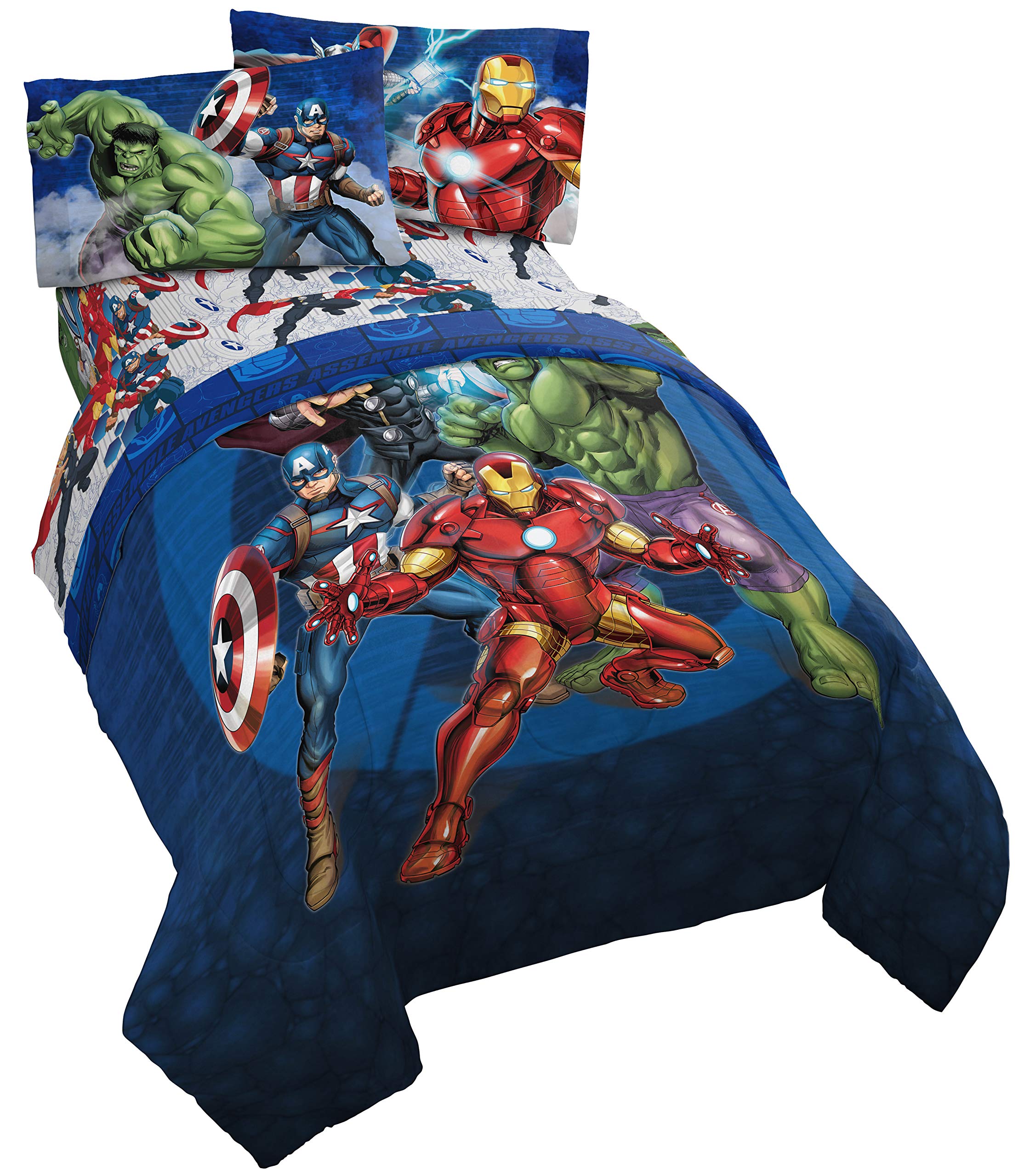 Marvel Avengers Blue Circle 5-Piece Full Bedding Set - Reversible Comforter & Sheet Set with Captain America & Iron Man - Fade Resistant Microfiber (Official) | Perfect for Kids' Rooms, Superhero Themed Bedrooms & Marvel Fans