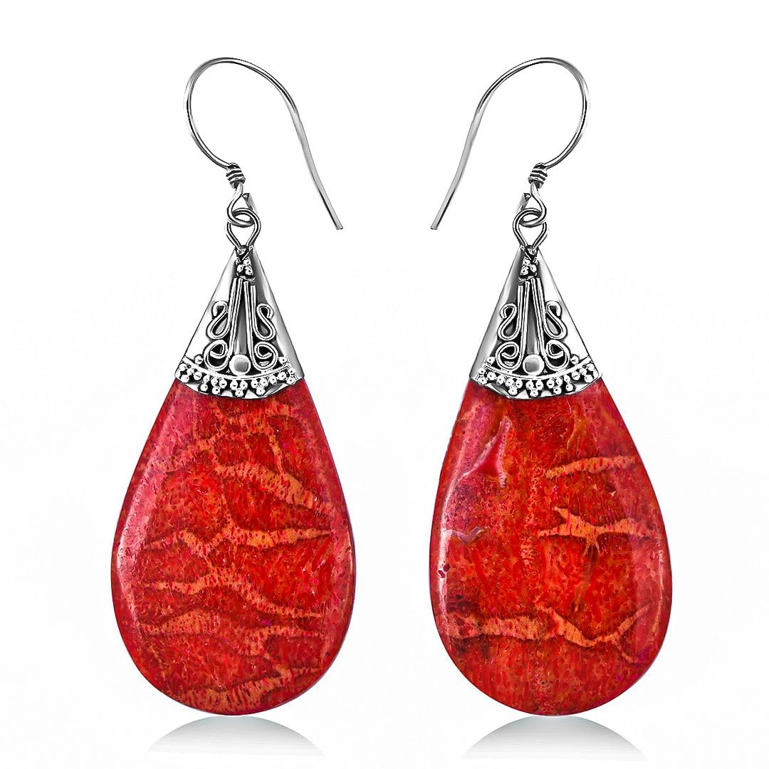 925 Sterling Silver Red Coral Dangle Earrings for Women - Handmade Vintage Boho Drop Earrings with Birthstone | Perfect Birthday Gift, Wedding Accessories & Everyday Boho Jewelry
