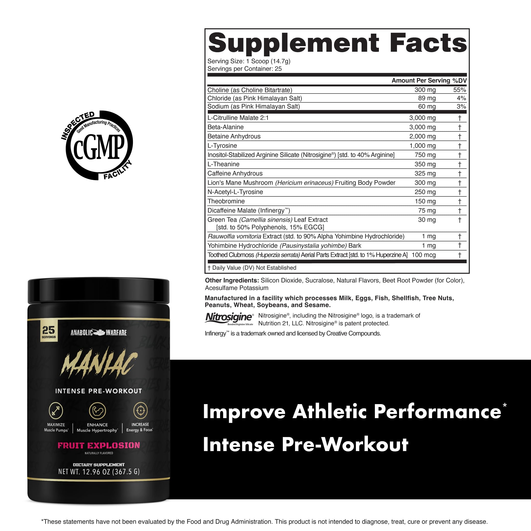 Anabolic Warfare Black Series Maniac Pre-Workout Powder - Nitric Oxide Booster for Muscle Pumps & Protein Synthesis - Fruit Explosion Flavor - Ideal for Gym, Bodybuilding & Intense Workouts