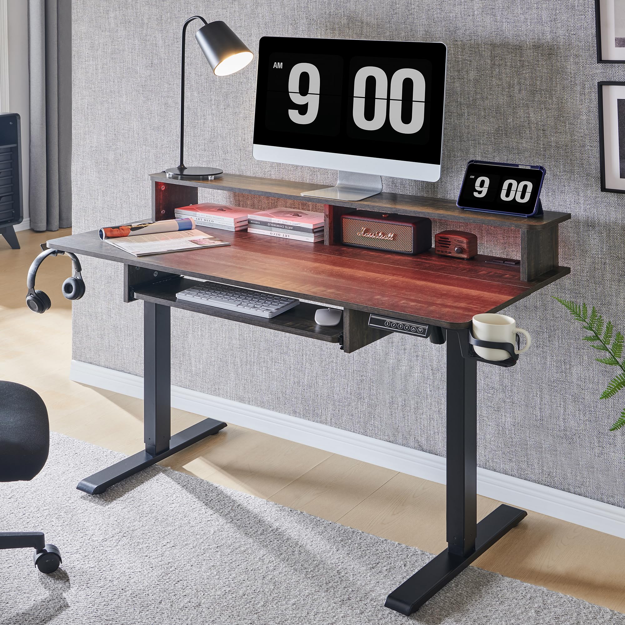 RedLemon 48 Inch Electric Standing Gaming Desk - Height Adjustable Computer Desk with Power Outlets, LED Lights, Keyboard Tray & Monitor Shelf - Dark Rustic Oak Finish for Home Office & Gaming Setup