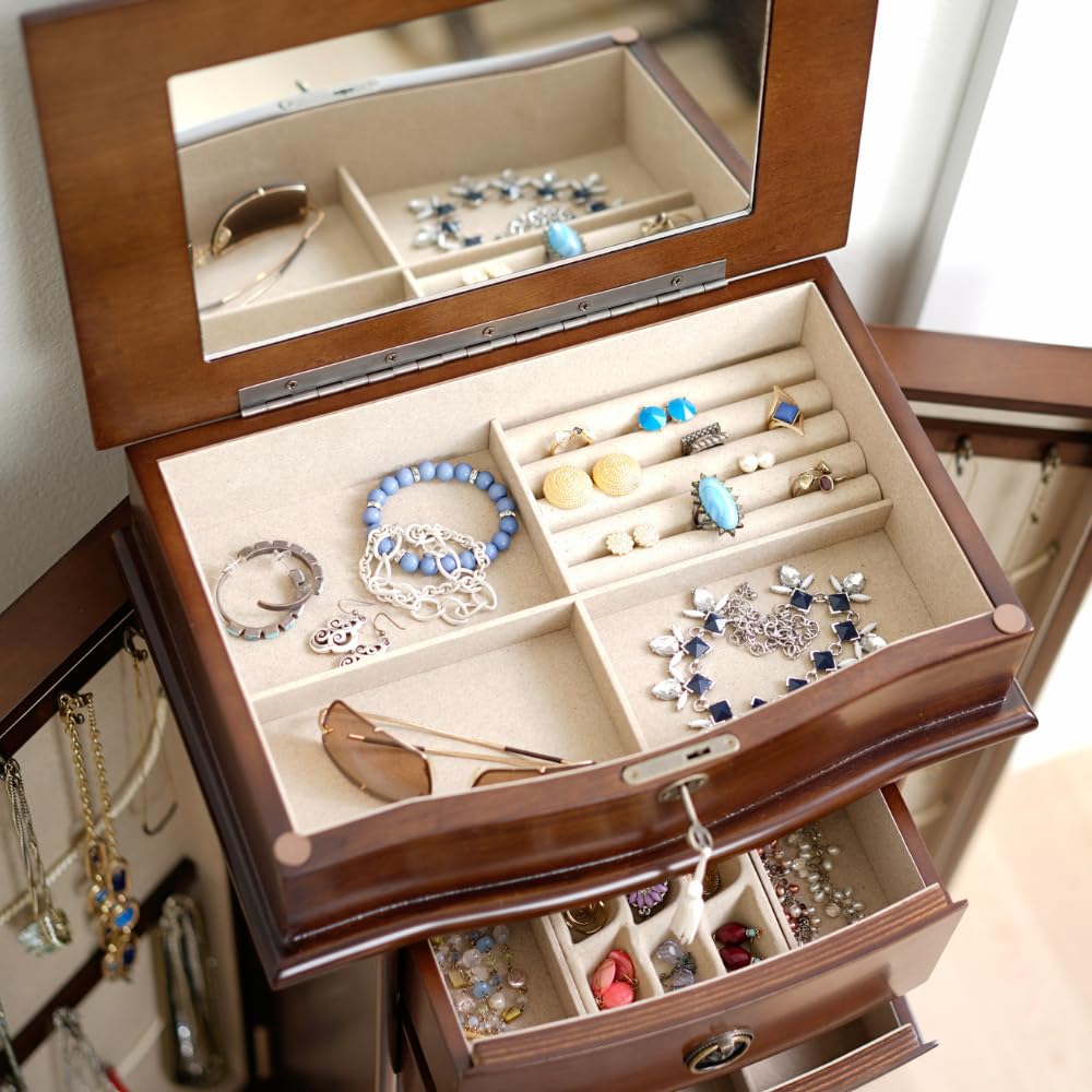 Hives & Honey Noel Standing Jewelry Armoire Cabinet - Locking Jewelry Storage Organizer with Flip Mirror, 2 Side Doors & 7 Drawers - Walnut Jewelry Chest for Necklaces, Earrings, Bracelets - Perfect for Bedroom, Closet or Dressing Room Organization