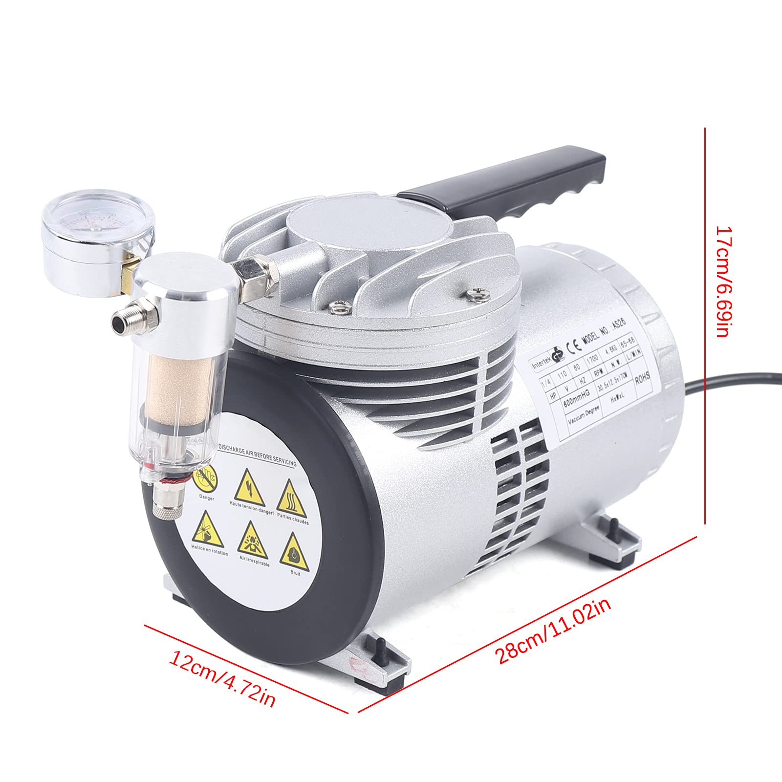 Oil-Free Diaphragm Vacuum Pump 1/6HP 20-23L/min 1450-1700 RPM - Food Packaging, Crafts, Lab Equipment & Industrial Applications - Quiet, Maintenance-Free Vacuum Suction System