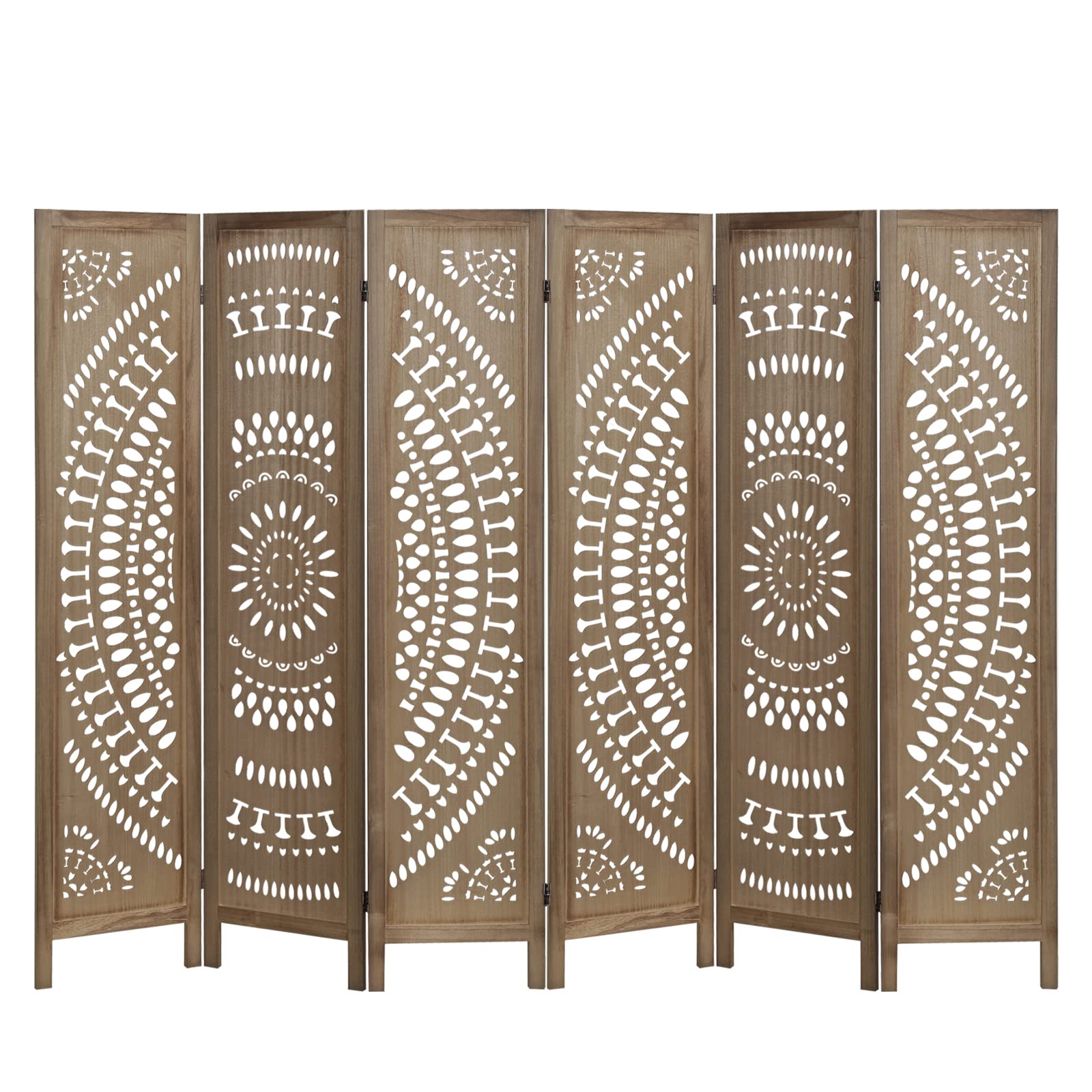 ECOMEX 6 Panel Folding Room Divider - Freestanding Privacy Screen with Carved Wood Design for Bedroom, Home Office, Apartment, Studio, Hotel, Restaurant, Garden & Terrace - Light Brown | Perfect for Space Partition, Room Decoration & Privacy Protection