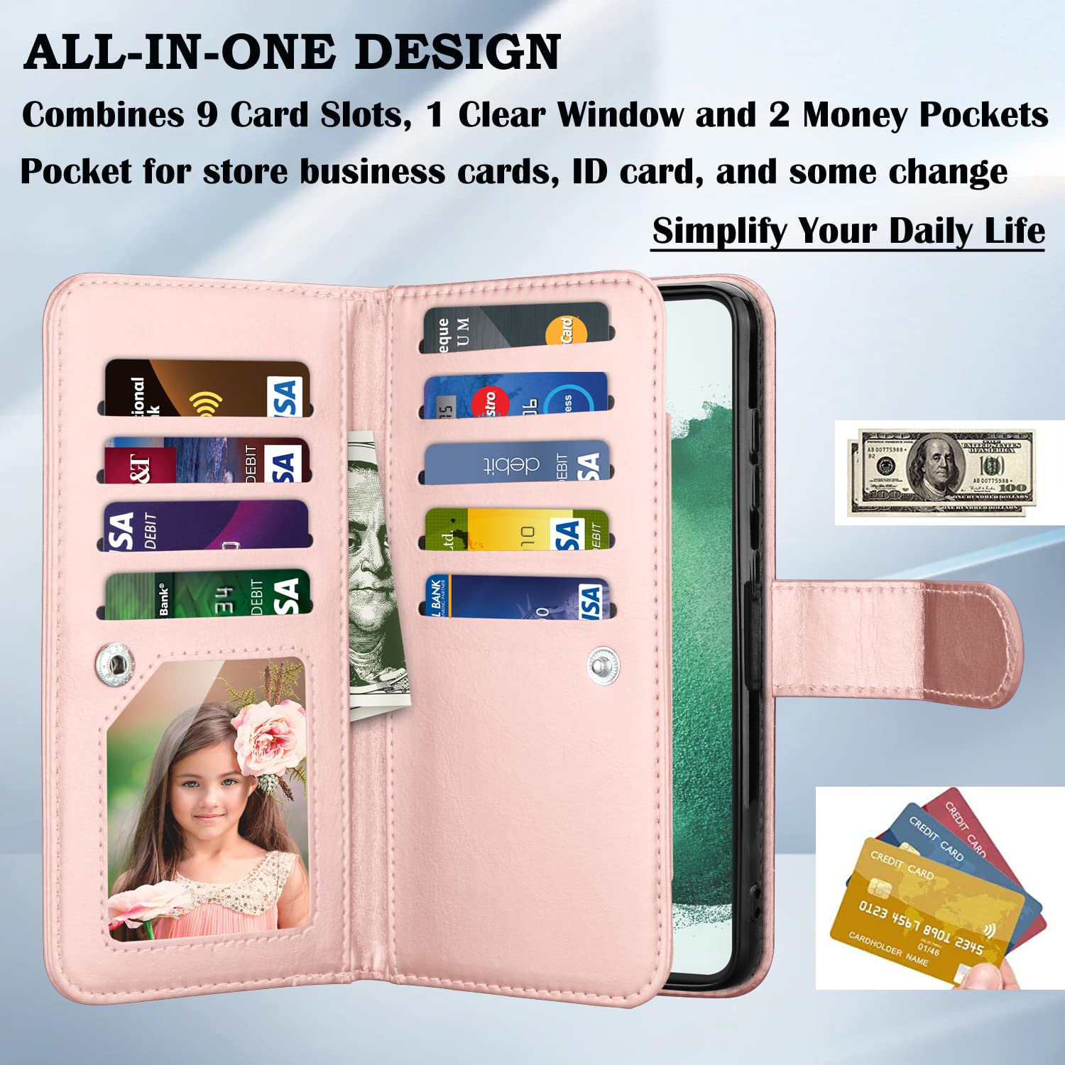 Premium PU Leather Wallet Case for Samsung Galaxy S22 Plus - 9 Card Slots, Detachable Magnetic Flip Cover with Kickstand & Wrist Strap (Rose Gold) | Perfect for Business, Travel & Everyday Use