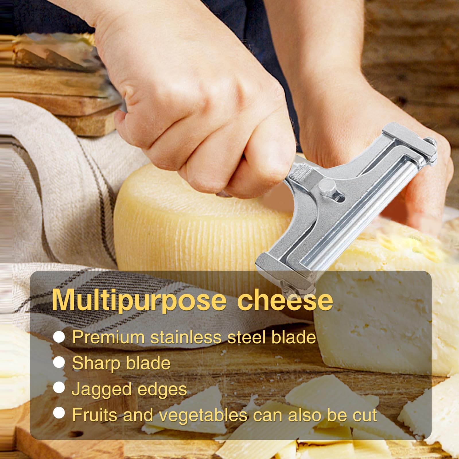 Stainless Steel Adjustable Wire Cheese Slicer - Handheld Cheese Cutter with 4 Extra Wires for Hard, Soft & Semi-Soft Cheeses - Perfect for Charcuterie Boards, Kitchen Prep & Gourmet Cooking