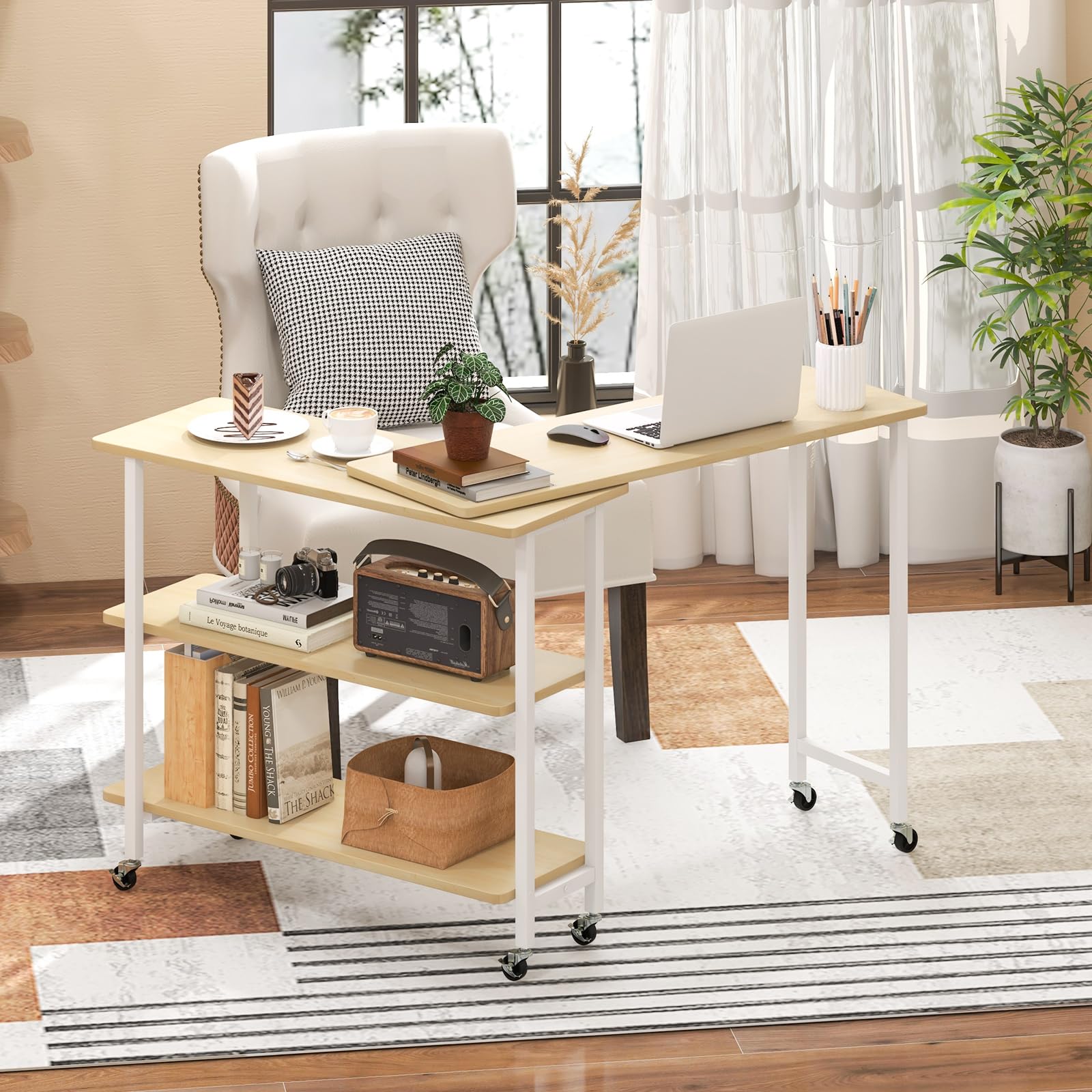 Tangkula 360° Rotating Side Table with 2-Tier Storage - Patented Mobile End Table with Lockable Casters & Metal Frame - Swivel Rolling Desk for Living Room, Bedroom, Office - Perfect as Laptop Table, Couch Snack Table, or Nightstand