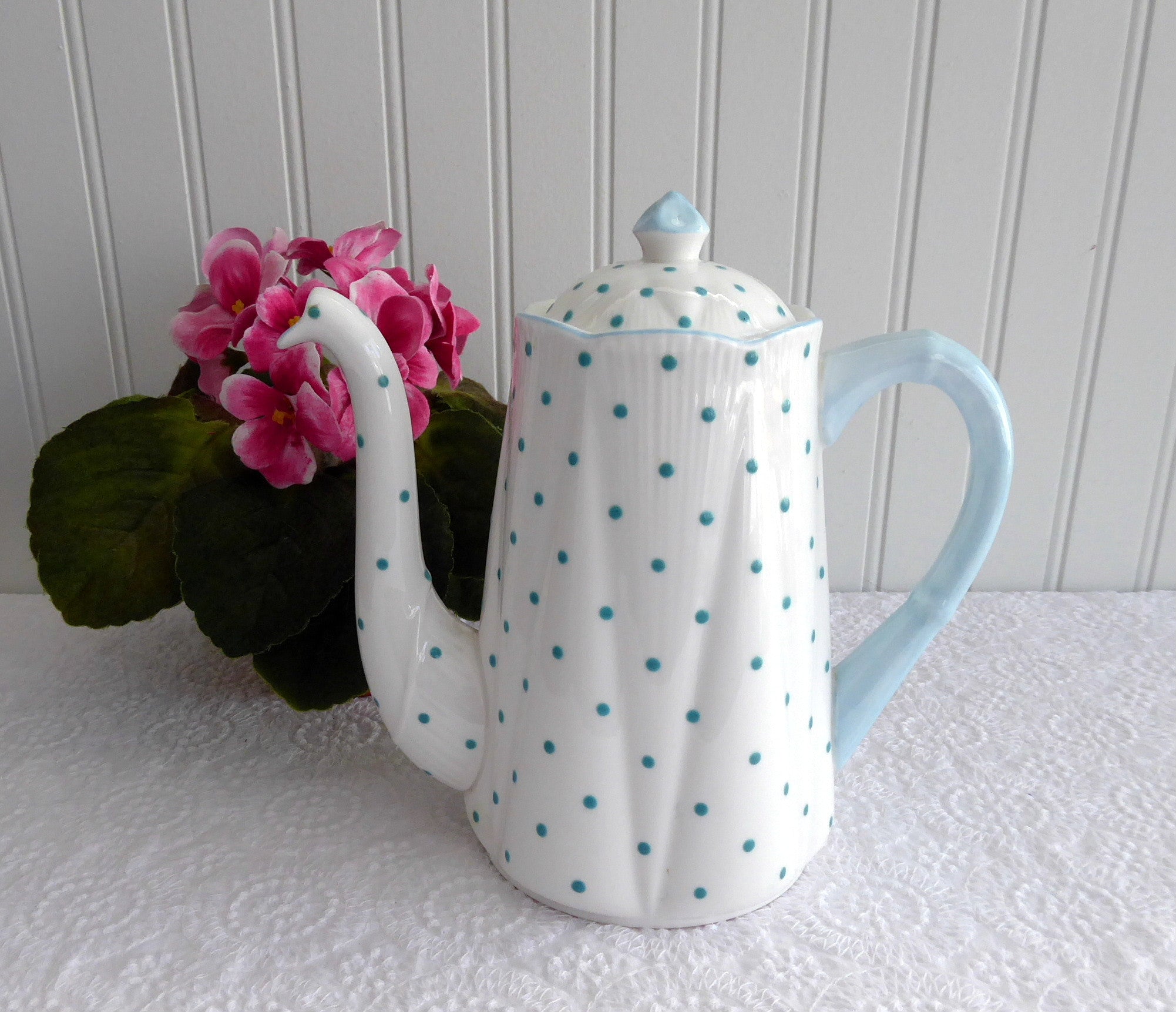 Vintage Shelley England Polka Dot Teapot - 1950s Tall Turquoise Dots Coffee Pot, Retro British Ceramic Tea Set for Afternoon Tea & Collectors Display