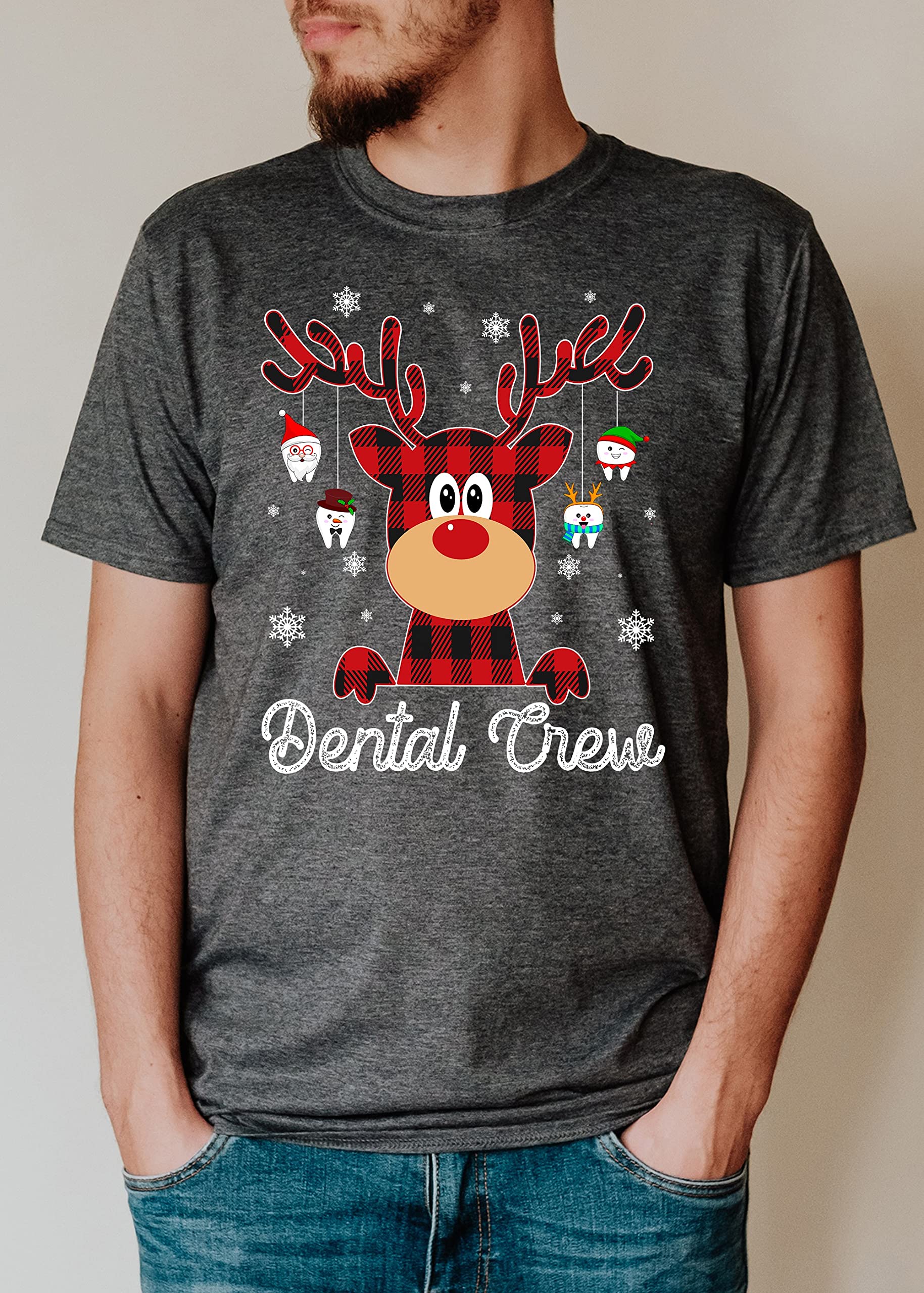 TEEDIY Dental Crew Shirt - Funny Dentist & Nurse Christmas Reindeer Print T-Shirt for Dental Professionals | Perfect for Office, Holiday Parties & Dental Conventions
