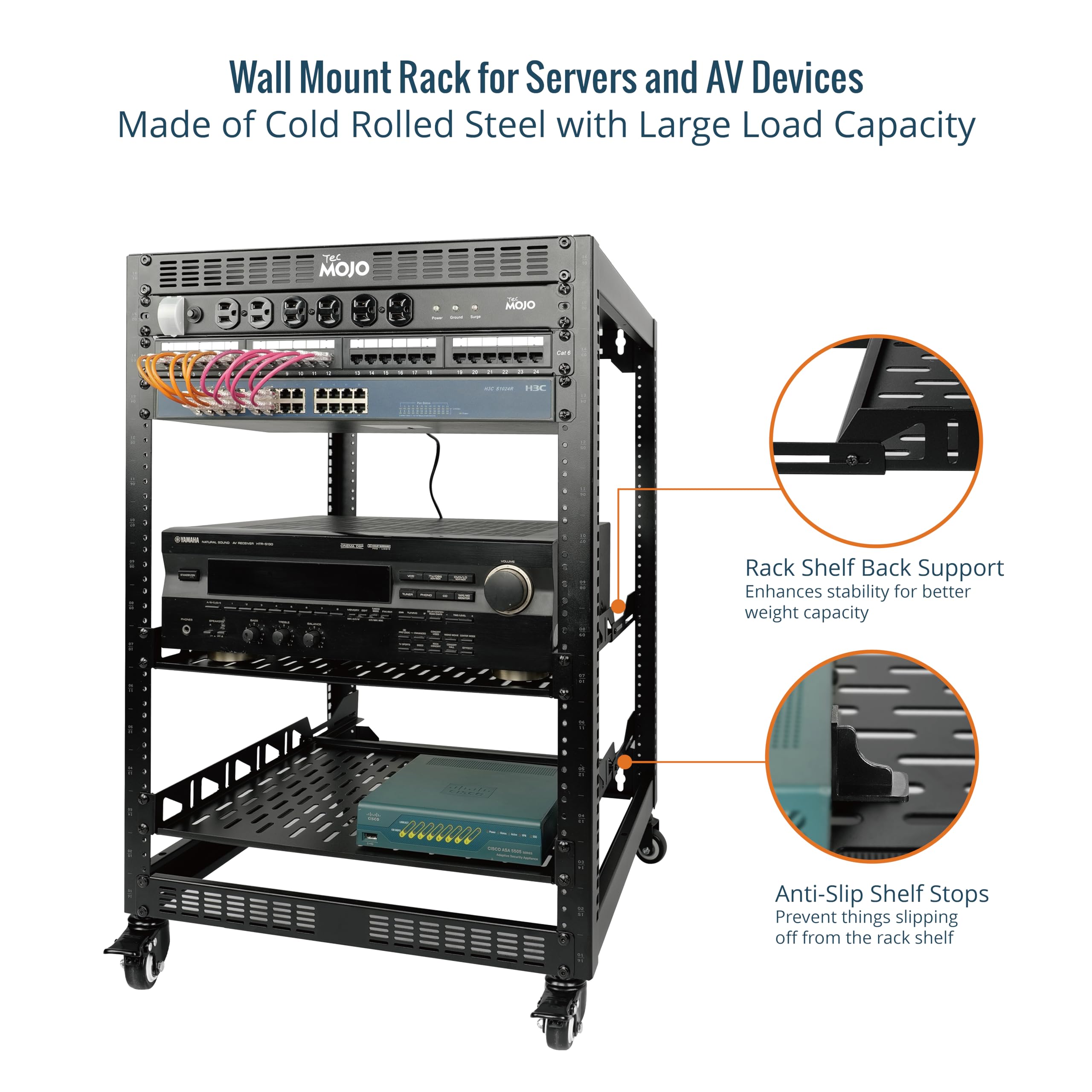 16U Open Frame Network Rack for IT & AV Equipment - 4-Post Server Rack with Casters, Mobile 16U Cabinet for 19