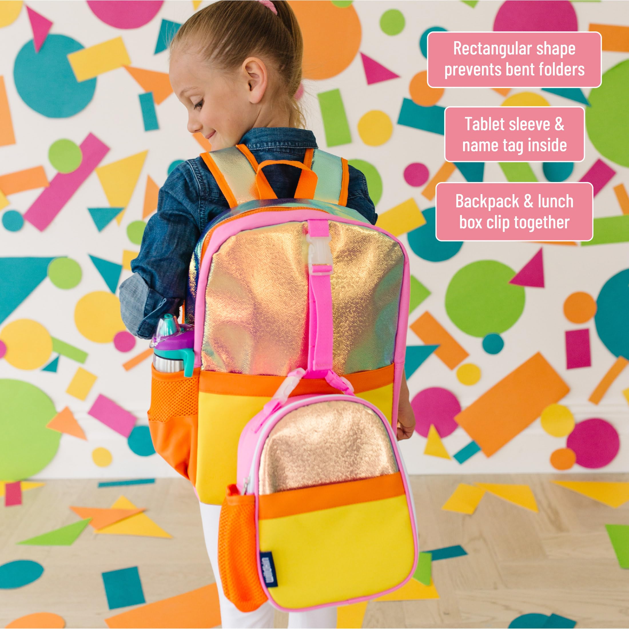 Wildkin Pack-it-All Kids Backpack - Durable School Backpack with Adjustable Straps & Spacious Compartments for Boys & Girls - Perfect for School, Travel & Outdoor Adventures - Orange Shimmer