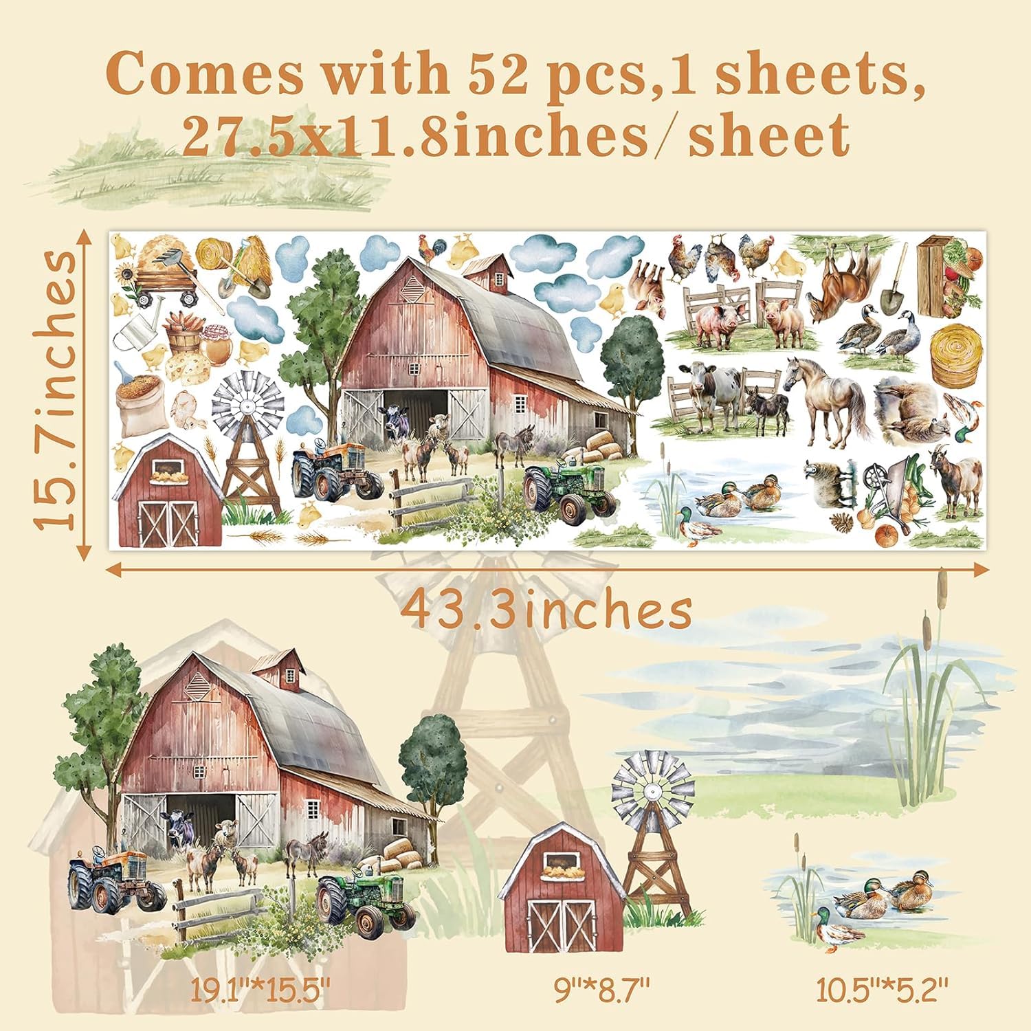 Vintage Farm Animal Wall Decals - Peel & Stick for Kids Room & Playroom