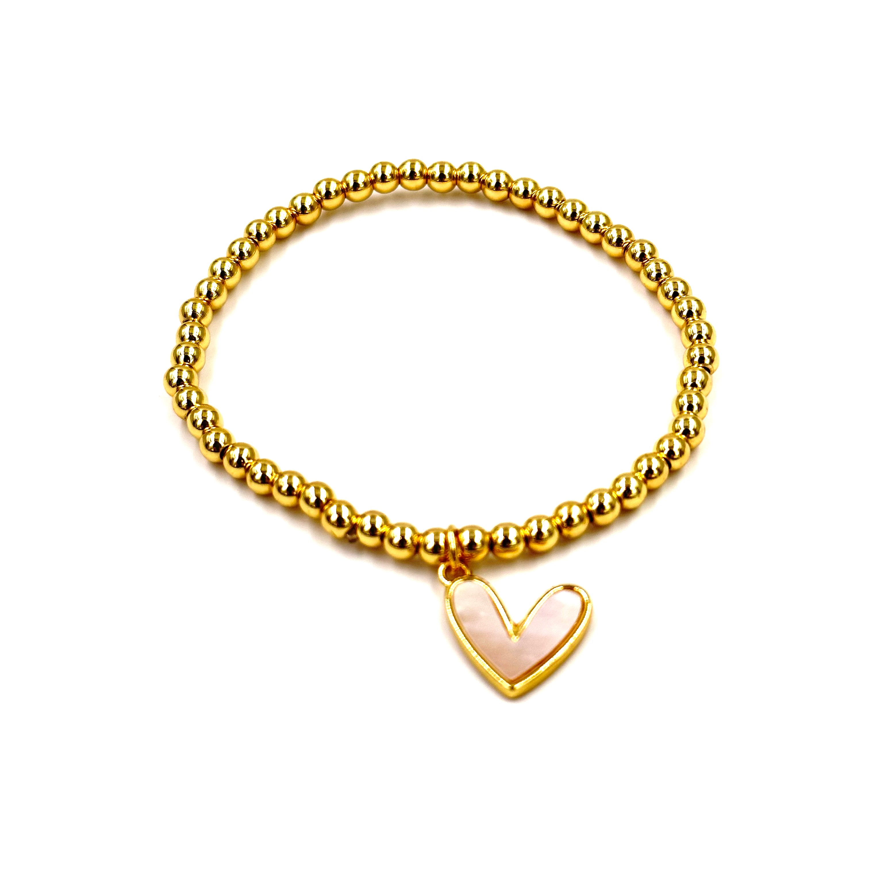 Ashley Gold Stainless Steel 4mm Gold Plated Stretch Beaded Heart Bracelet for Women - Elegant Jewelry Gift for Valentine's Day, Anniversary or Special Occasions