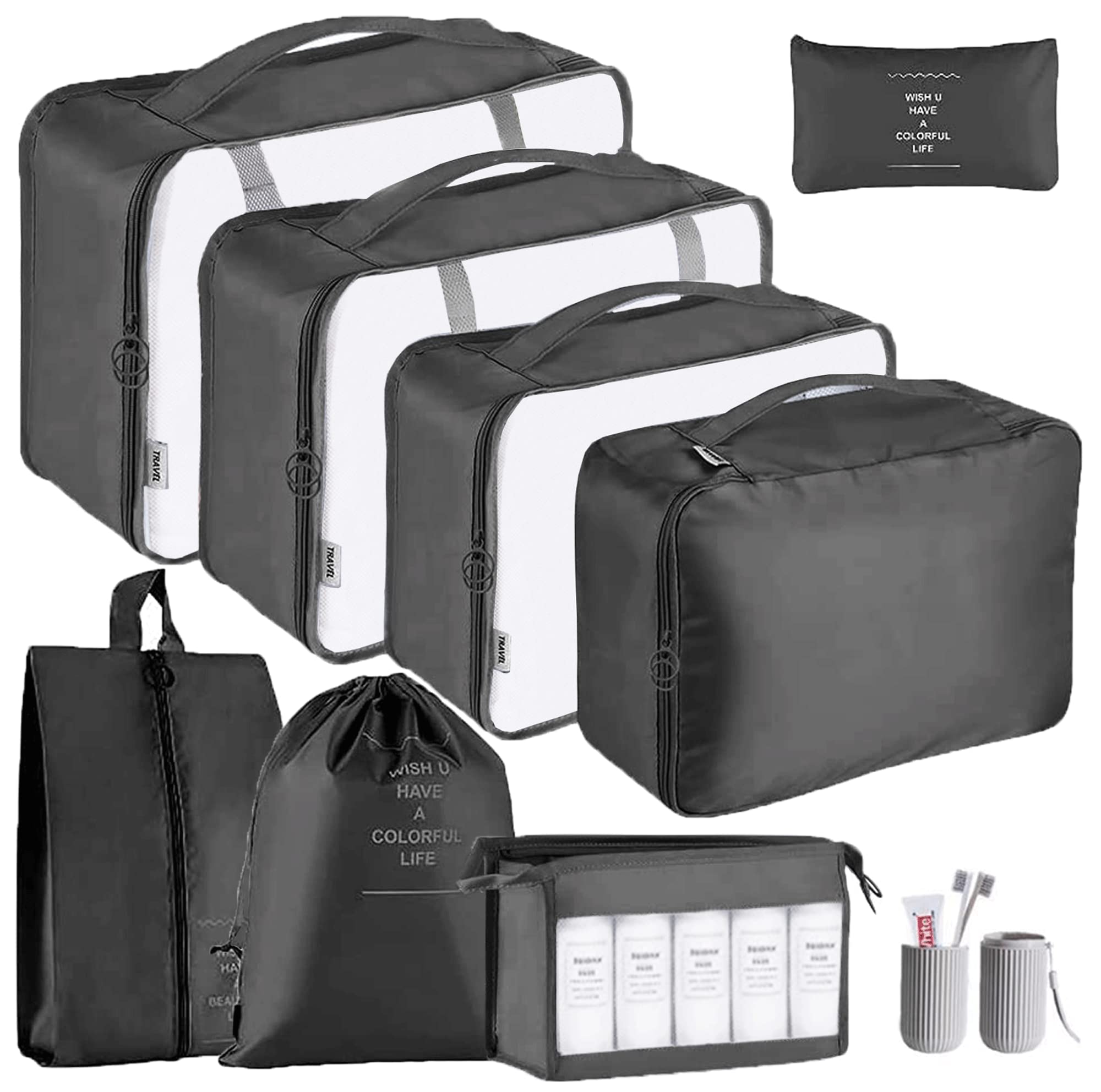 9-Piece Waterproof Packing Cubes Set - Travel Luggage Organizer for Clothes, Shoes, Cosmetics & Toiletries | Black Storage Bags for Suitcase | Perfect for Business Trips, Vacations & Weekend Getaways