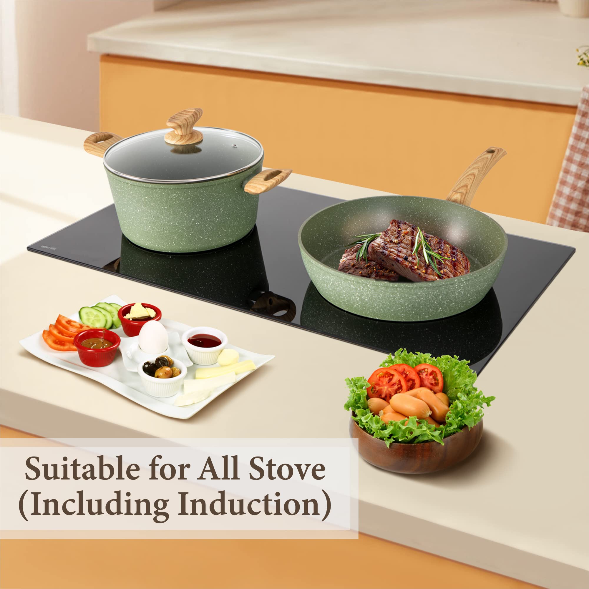 Kitchen Academy 12-Piece Induction Cookware Set - Nonstick Granite Pots and Pans for Gas & Electric Stoves | Perfect for Home Cooking, Meal Prep & Family Dinners