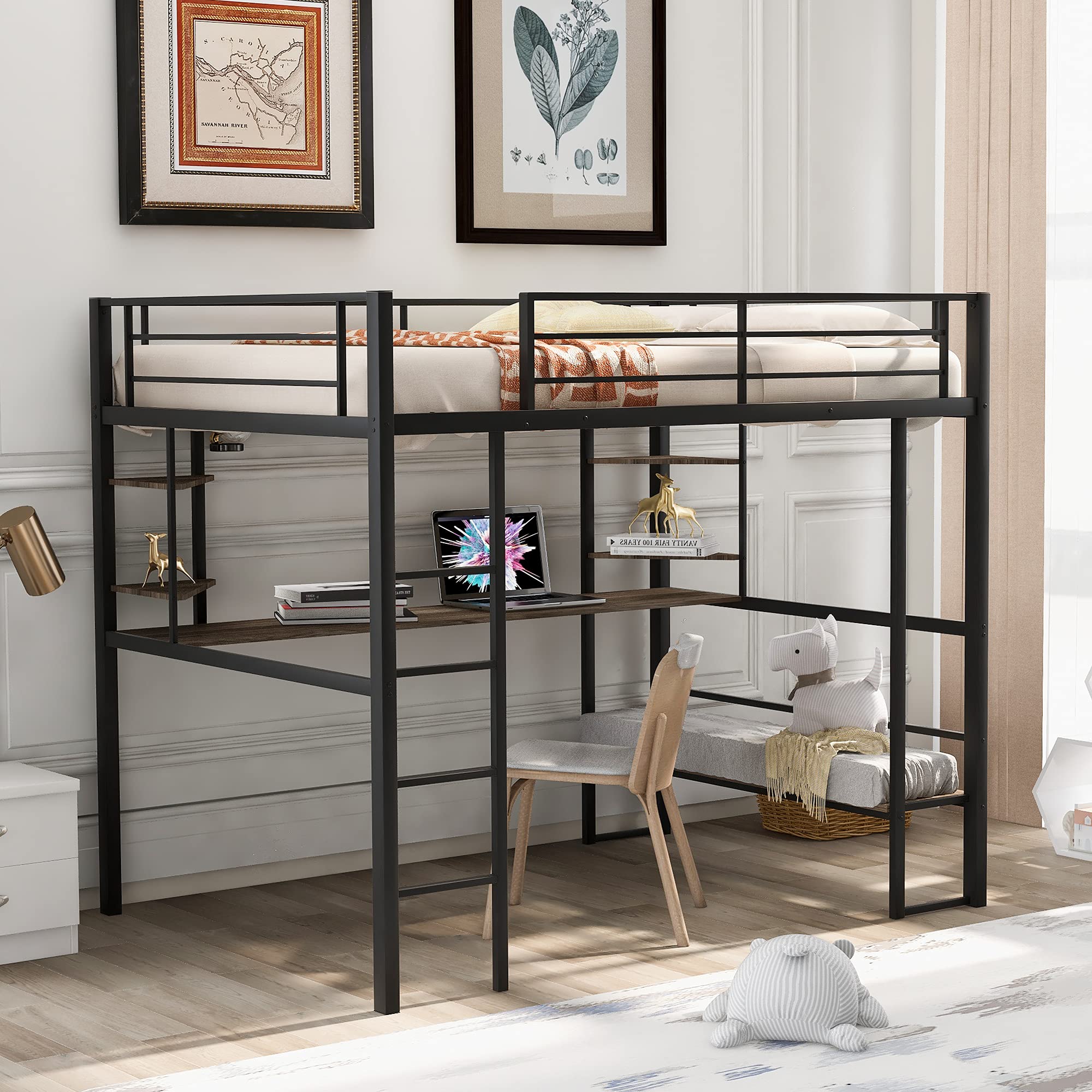 Full Metal Loft Bed with Long Desk & Shelves - Sturdy Full-Length Guardrails & Ladder - Space Saving Design for Small Rooms - No Box Spring Needed - Perfect for Dorms, Apartments & Kids Bedrooms