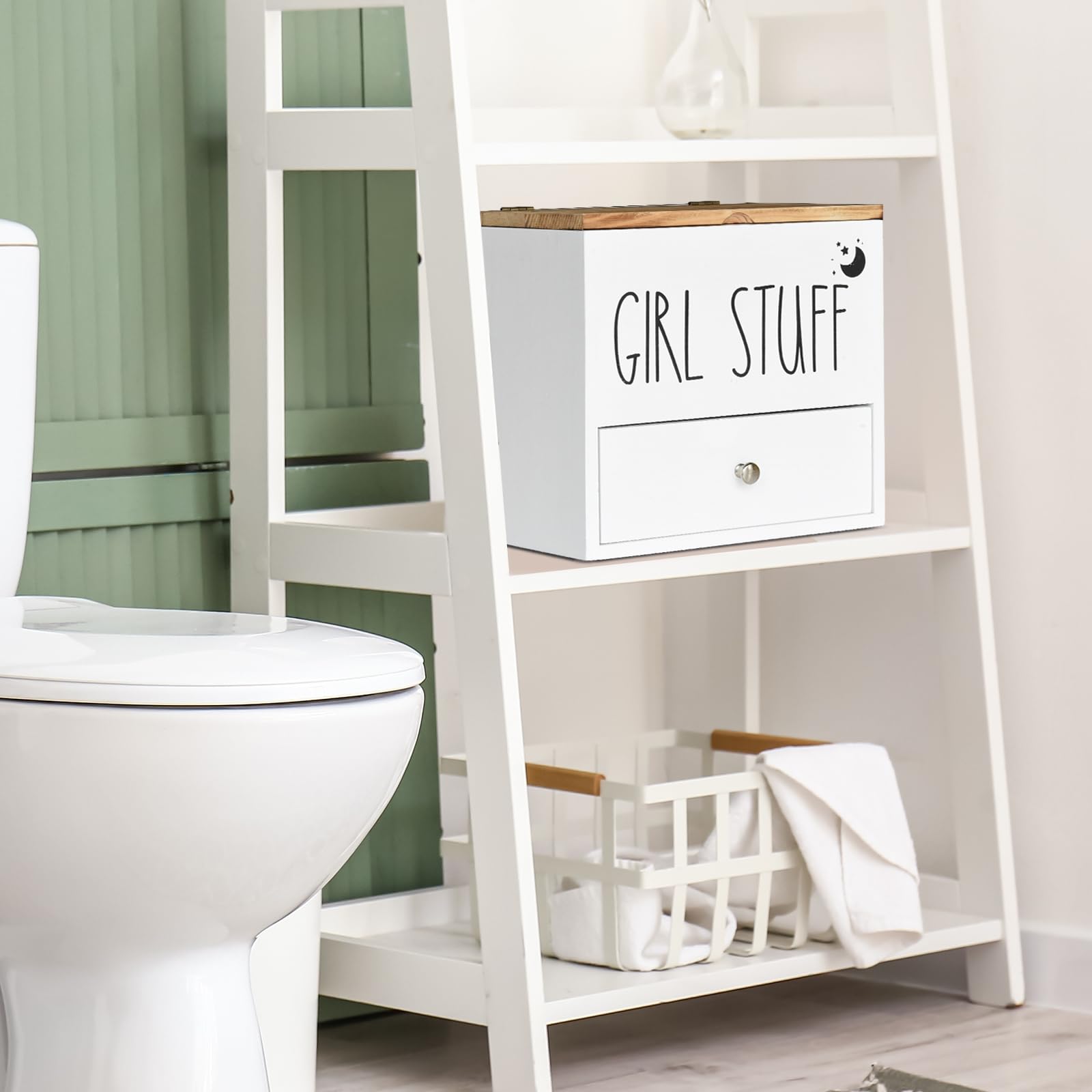 Wooden Feminine Product Organizer with Drawer & Lid - Tampon & Pad Storage Box, Cotton Ball/Swab Holder - Bathroom Decor & Organization for Women's Hygiene Essentials - Perfect for Vanity, Countertop or Shower Storage