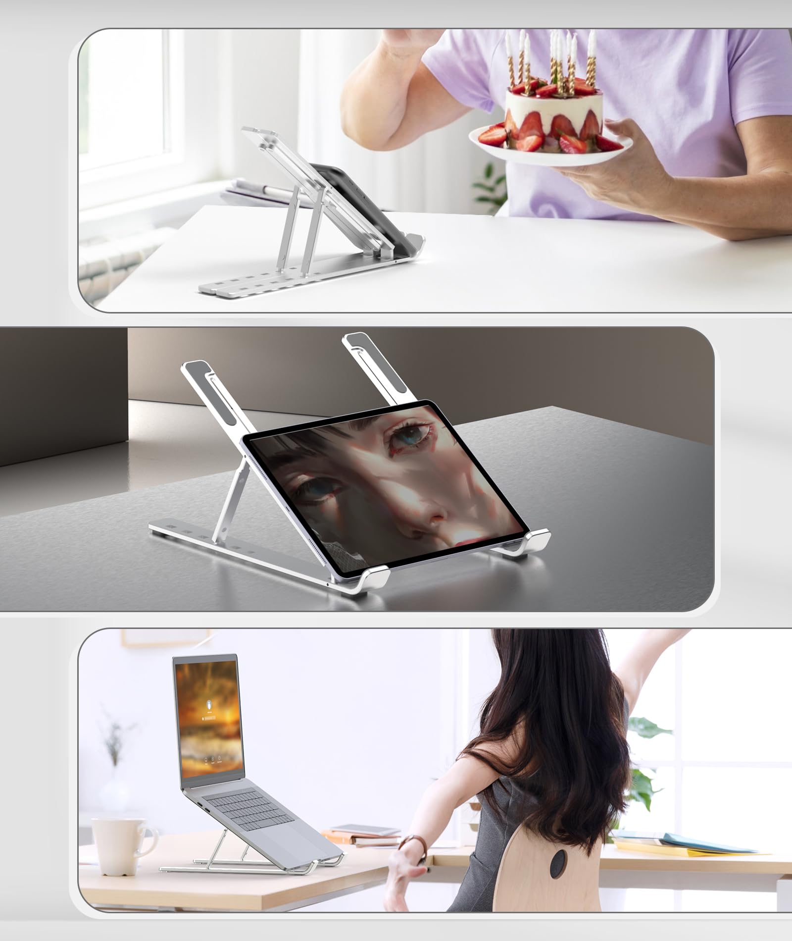 BoYata Aluminum Laptop Stand - Portable & Foldable Laptop Riser with 6 Adjustable Heights for MacBook, HP, Lenovo, Dell 10-15.6 Inch Laptops - Ergonomic Desk Stand for Home Office, Gaming & Workstation (Silver)