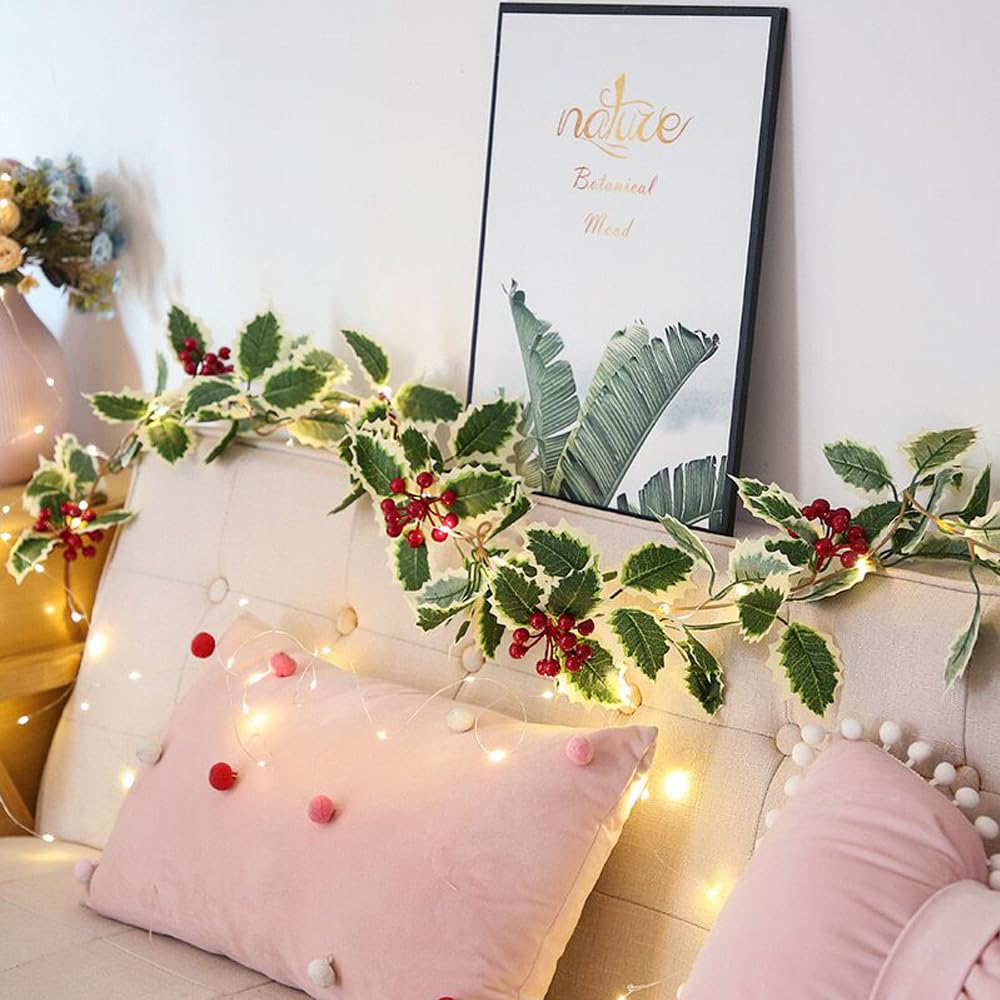 20 LED Christmas Garland with Red Berries - Battery Operated for Fireplace & Mantel Decor