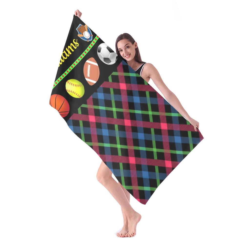 Custom Name Beach Towel - 30x60 Inch Quick Dry Absorbent Microfiber Plaid Towel for Swimming Pool, Soccer & Softball - Sand Proof Bath Blanket for Kids, Girls, Boys & Adults | Perfect for Beach Vacations, Sports Events & Poolside Relaxation