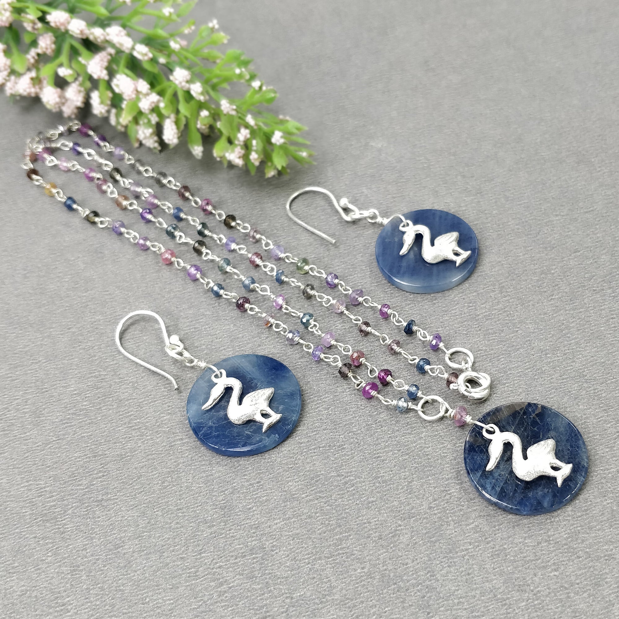 925 Sterling Silver Blue Sapphire Jewelry Set - Natural Untreated 1.85ct Beaded Necklace & Dangle Earrings | Perfect for Weddings, Anniversaries & Special Occasions