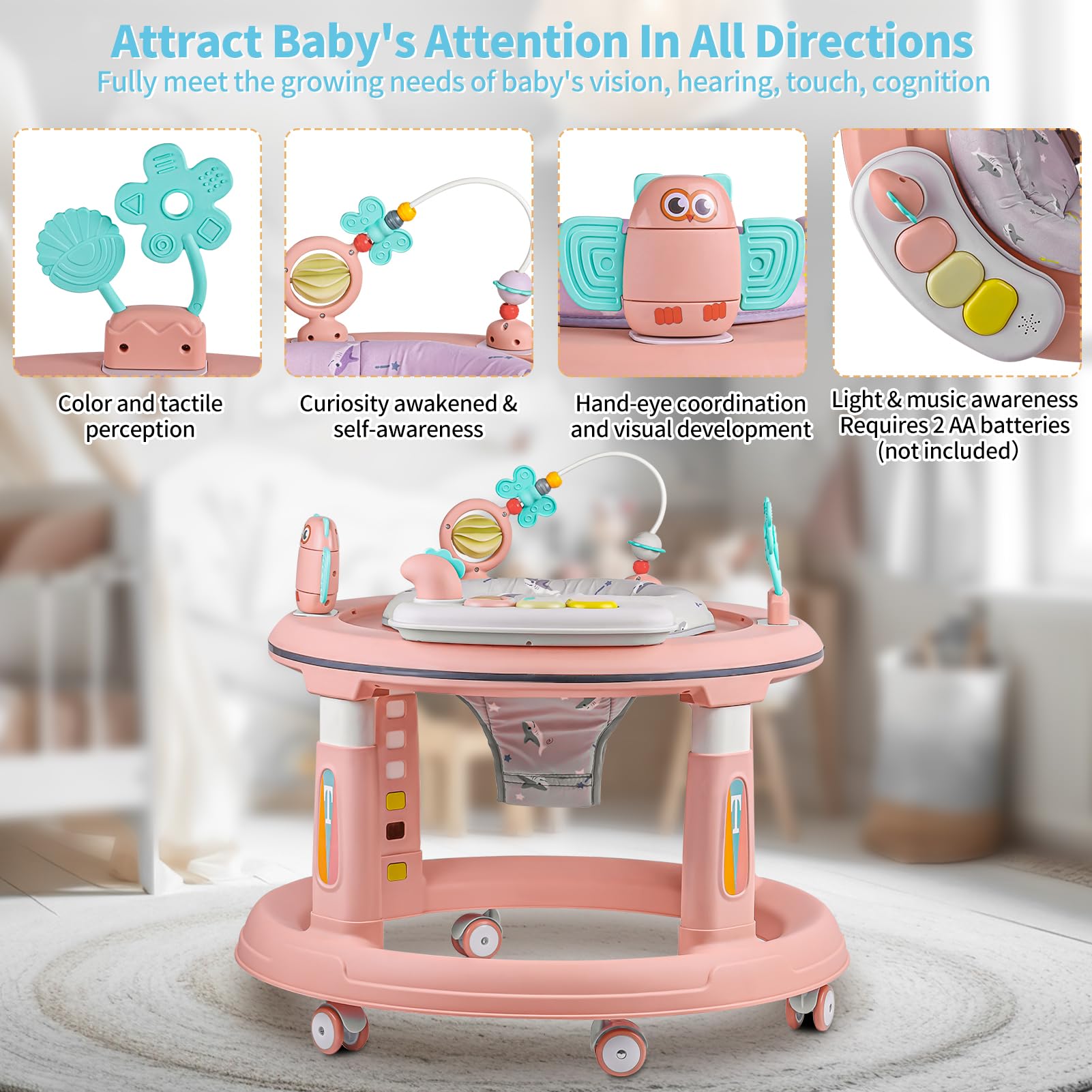 360° Swivel Baby Walker with Music & Lights - Adjustable Height Activity Center for Infants 6-12 Months | Detachable Toys, Bounce Foot Pad | Perfect for Learning to Walk & Indoor Playtime