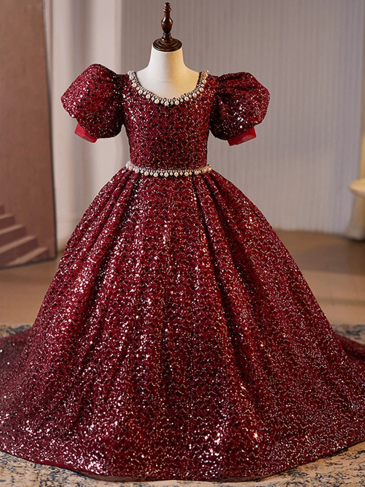 Burgundy Princess Scoop Floor Length Sequined Flower Girl Dress for Weddings, Pageants & Special Occasions – Elegant Formal Gown for Kids
