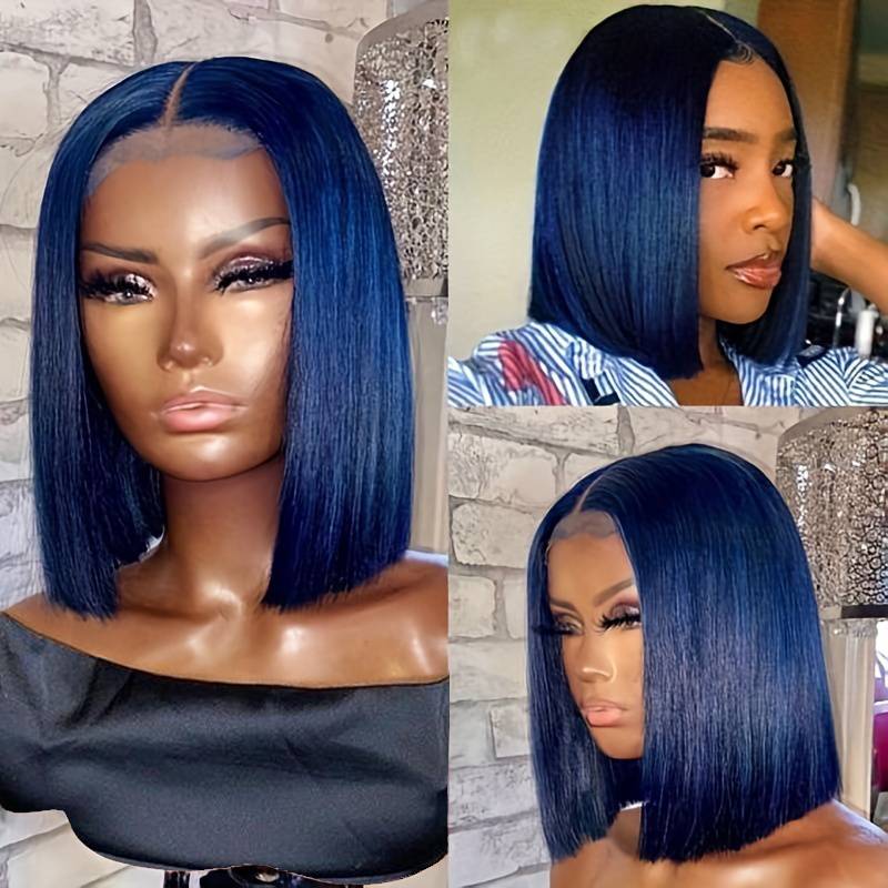 Eullair Short Navy Blue Straight Lace Front Wig - Pre-Colored 100% Human Hair Bob Style with 4x4 Lace Closure | Perfect for Daily Wear, Cosplay & Special Occasions