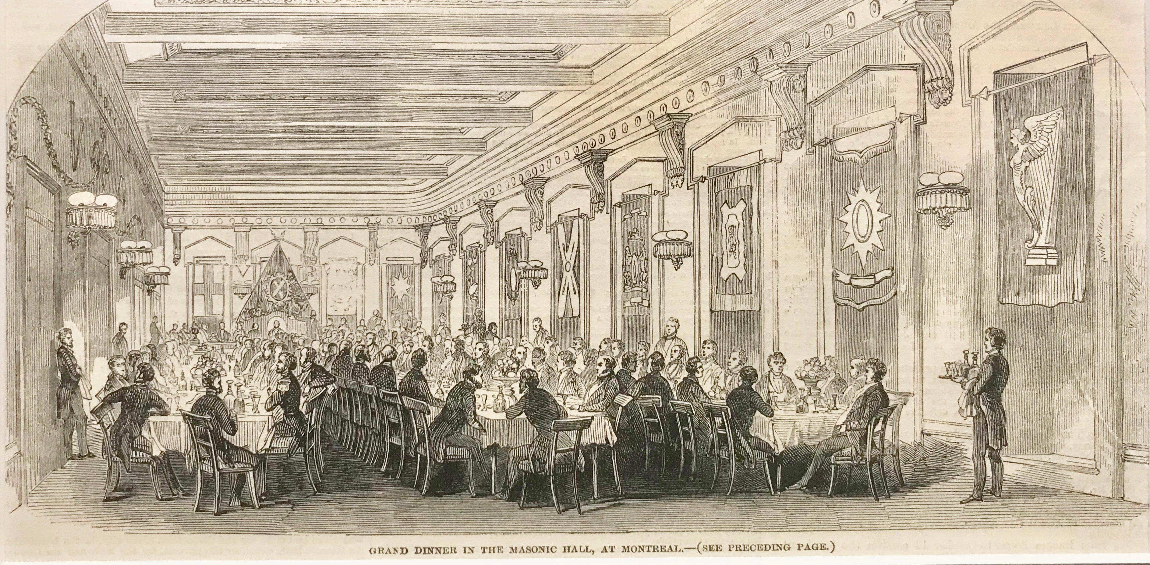 1860s Antique Engraving Print - London Illustrated News Historical Artwork - Masonic Temple Dinner Scene in Montreal - Perfect for Victorian Era Collectors & Home Decor
