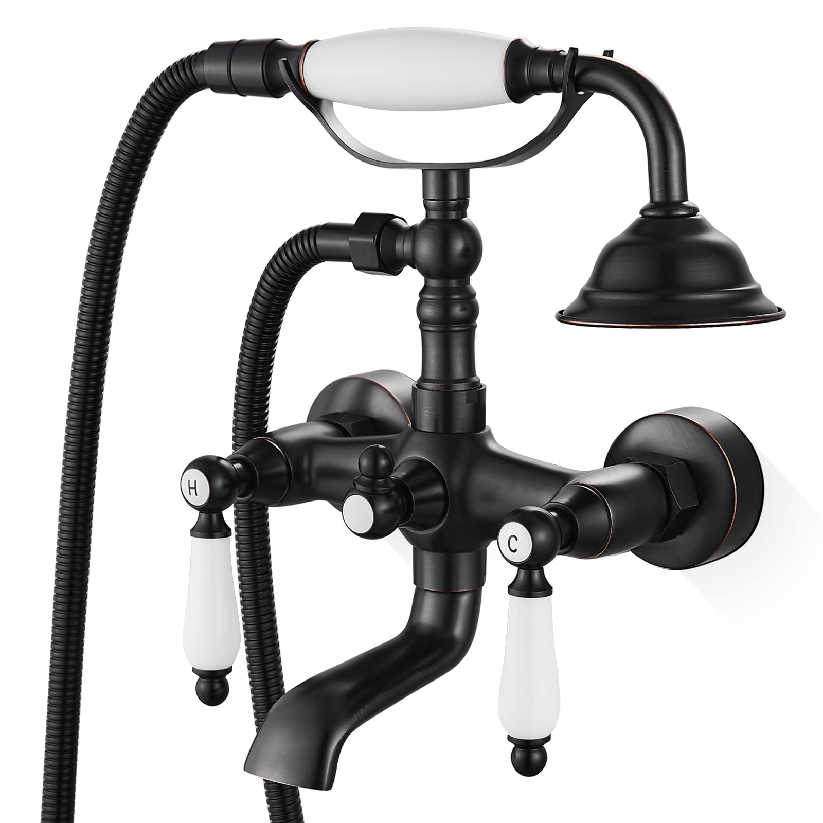 Oil Rubbed Bronze Wall Mount Tub Faucet with Telephone Shaped Handheld Shower Sprayer - Double Ceramic Lever Handles, Hot & Cold Water Mixer Tap - Perfect for Vintage & Industrial Style Bathrooms