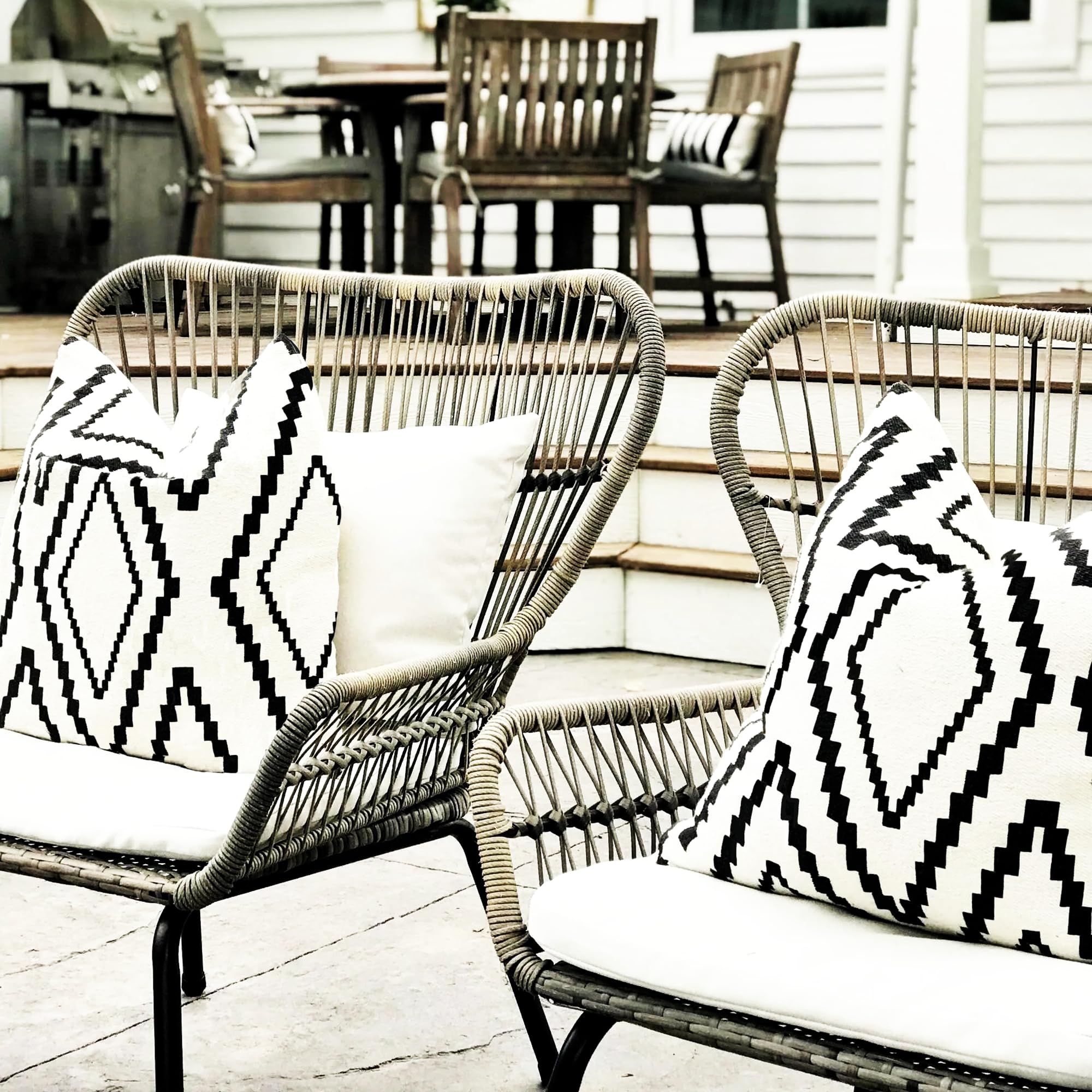 Waterproof Outdoor Pillow Covers Set of 2 - 18x18 Inch Boho Farmhouse Geometric Throw Pillow Cases for Patio, Garden, Deck & Porch Decor (Black & White) - Weather Resistant & UV Protected