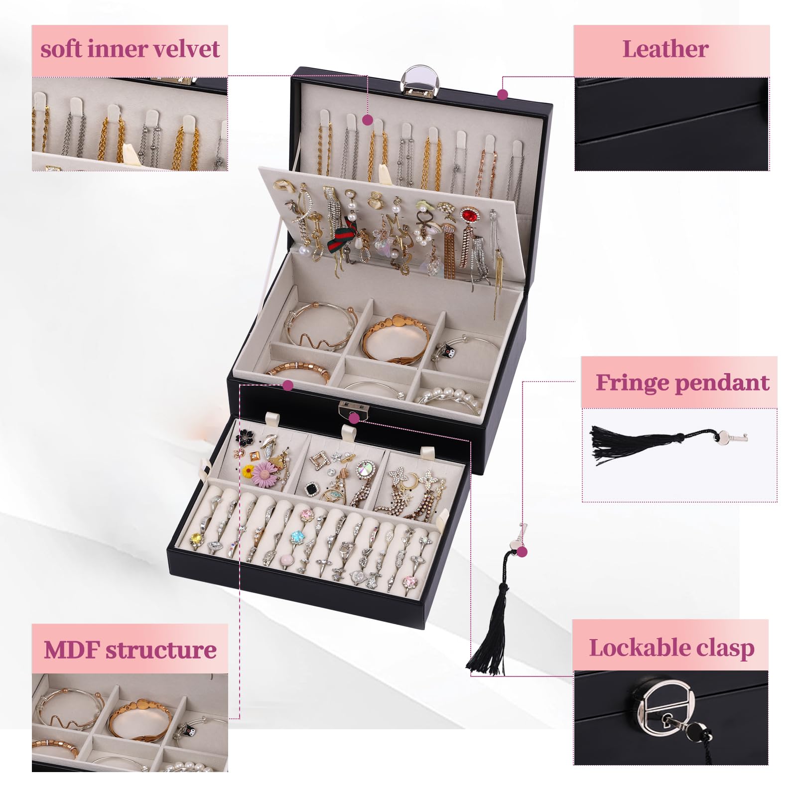 BOOVO 4-Layer Jewelry Organizer Box with Lock - Earring, Necklace, Ring Holder for Women & Girls - Perfect for Travel, Home & Gift (Black)