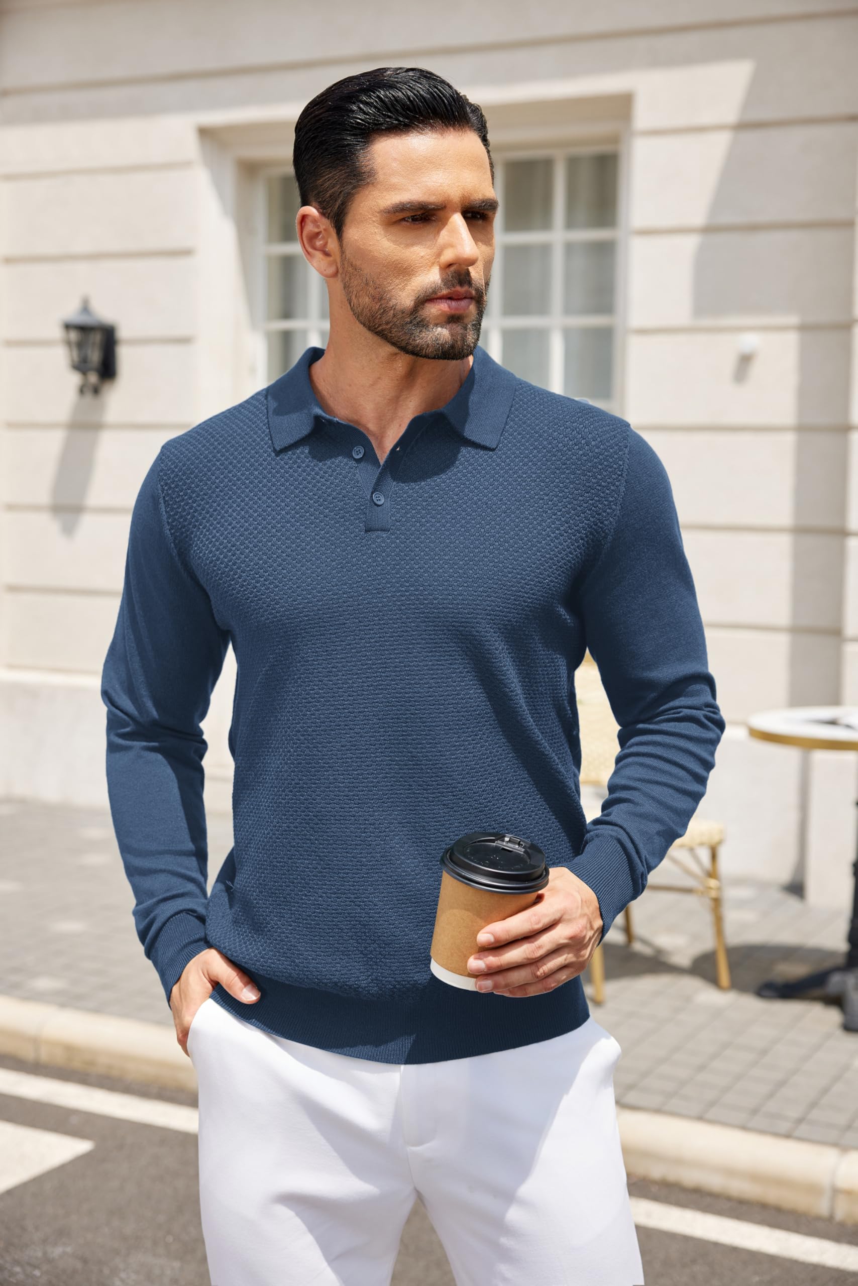 COOFANDY Men's Long Sleeve Knit Polo Sweater - Casual Quarter Button Collared Shirt for Golf, Office & Fall Outfits | Waffle Textured Warm Pullover for Business Casual & Weekend Wear