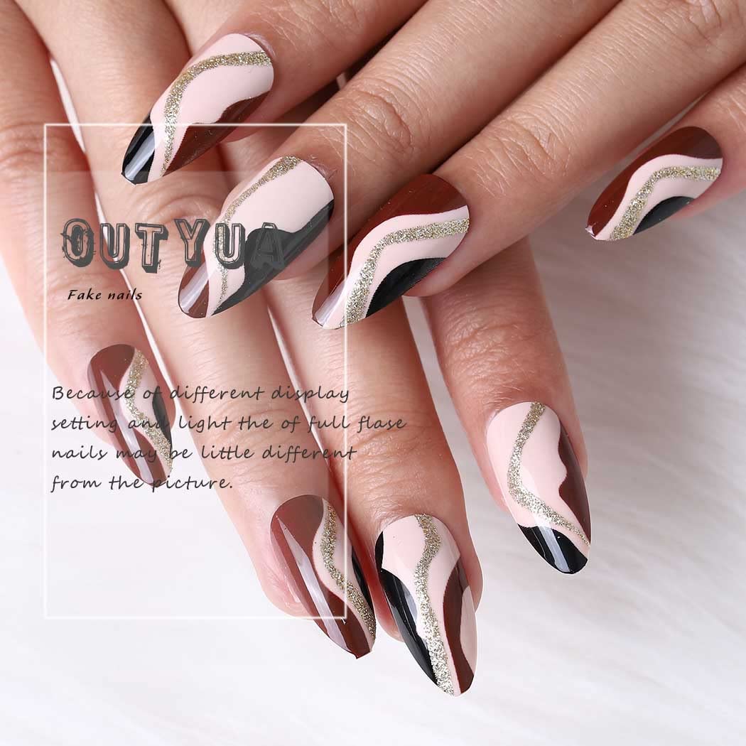 Almond Shape Press on False Nails - Brown Glossy Medium Length Fake Nails with Abstract Stripes Design - 24PCS Acrylic Nail Art Kit for Manicure & Decoration | Perfect for Parties, Weddings & Everyday Wear