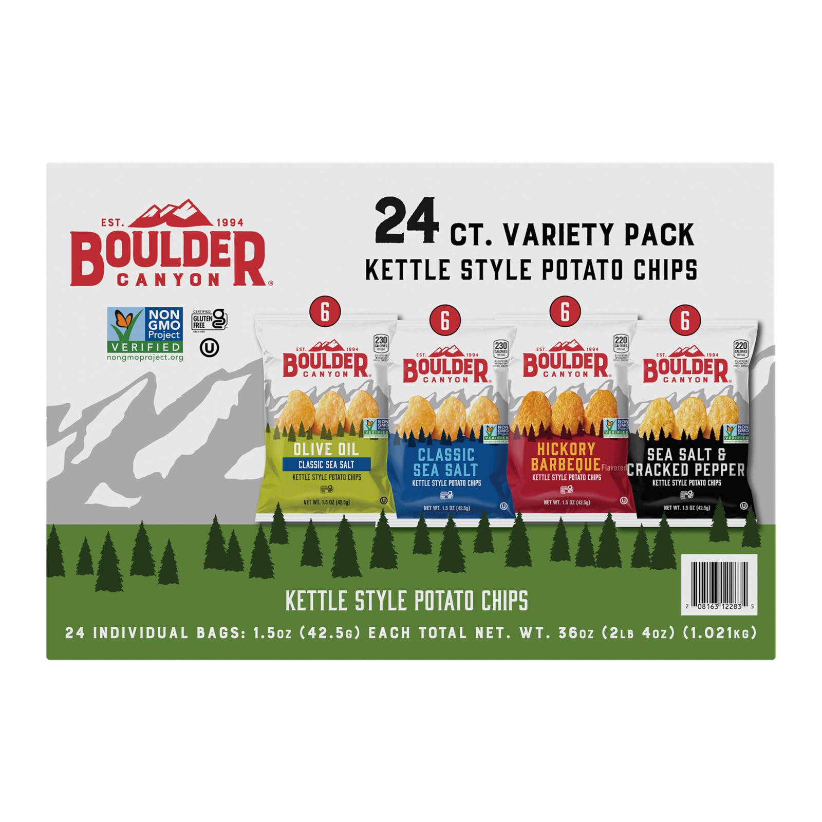 Boulder Canyon Kettle Style Potato Chips Variety Pack - 24 Count (1.5oz Bags) - Olive Oil, Classic Sea Salt, Hickory BBQ, Sea Salt & Cracked Pepper - Crunchy Snacks for Parties, Picnics & Office Lunch Breaks
