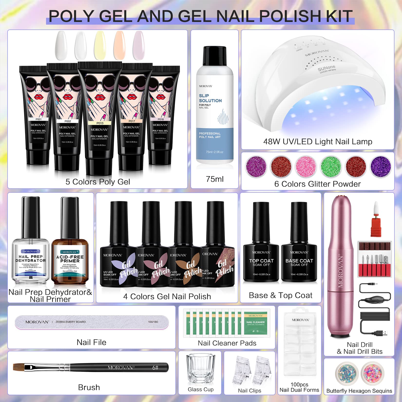 Morovan Professional Poly Gel Nail Kit with LED Lamp & Drill - Complete Starter Set for Nail Extensions & Art | Includes Essential Tools for Beginners | Perfect for Home Salon, DIY Manicures & Professional Nail Designs