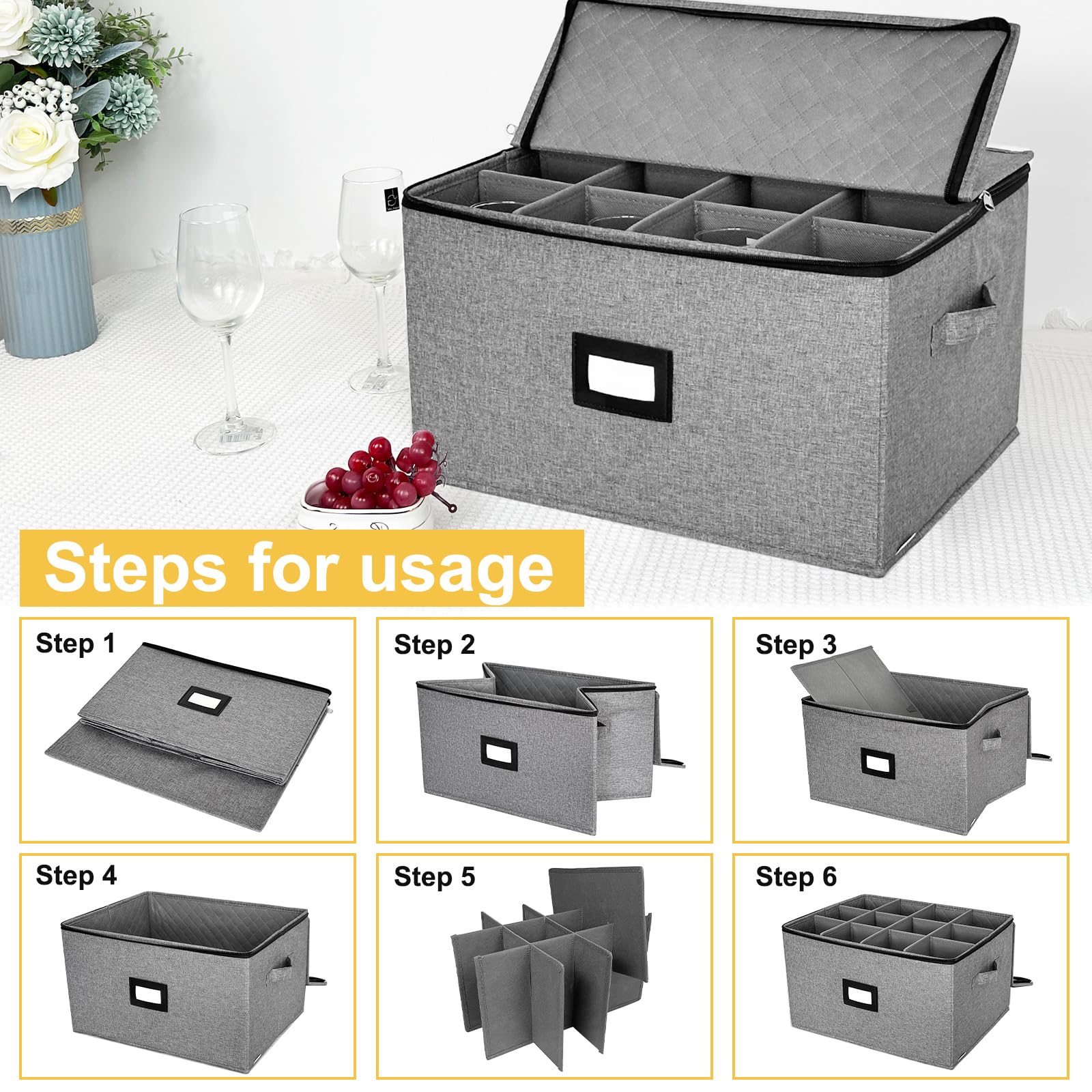 VERONLY 12-Piece Wine Glass Storage Box with Dividers - Hard Shell Quilted Protector for Stemware, Crystal & Glassware - Stackable, Light Grey - Perfect for Home Bar, Kitchen Organization & Party Serving