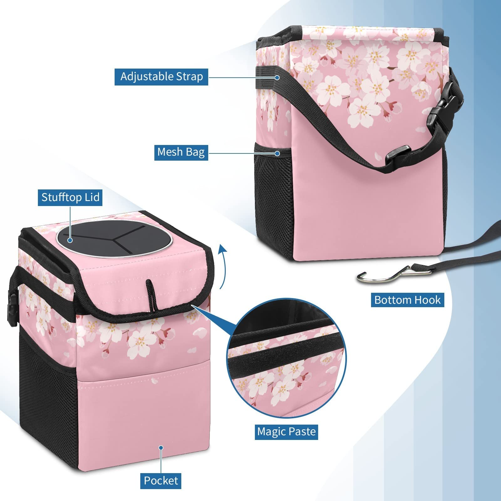 Portable Car Trash Can with Water-Resistant Coating - No Installation Needed, Large Capacity Car Organizer for Sedan, SUV & Truck Interior Accessories | Perfect for Road Trips, Commuting & Family Travel (Cherry Blossom Design)