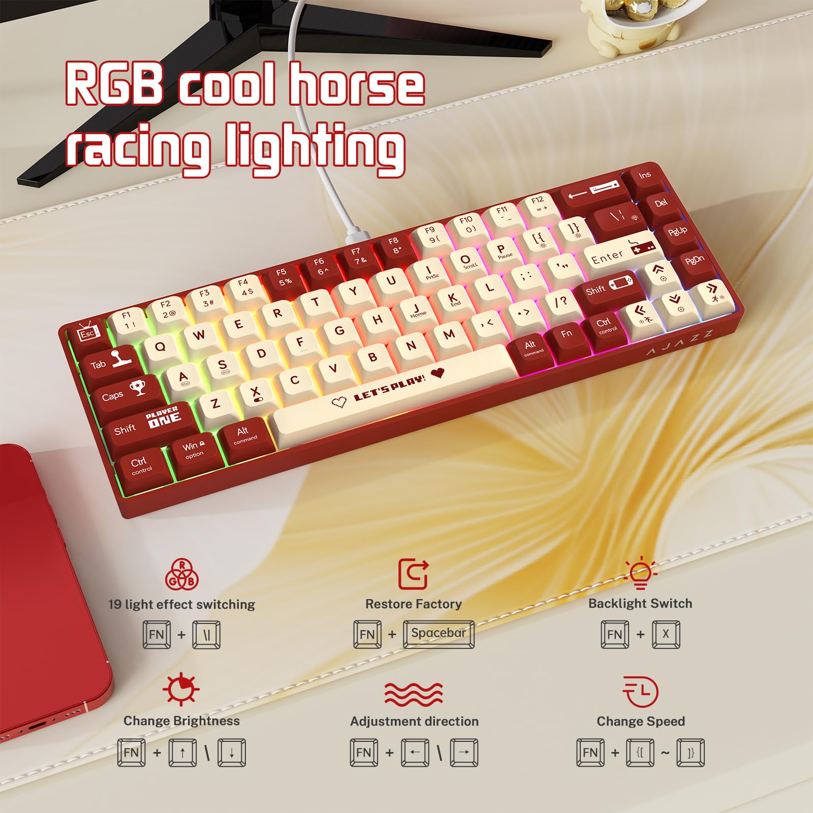 AJAZZ AK680 68-Key 60% Hot Swappable Mechanical Gaming Keyboard with Blue Clicky Switch & 6400 DPI RGB Gaming Mouse - Compact Design for PC, Mac, Laptop Gamers - Perfect for Esports, Office Work and Typing Enthusiasts