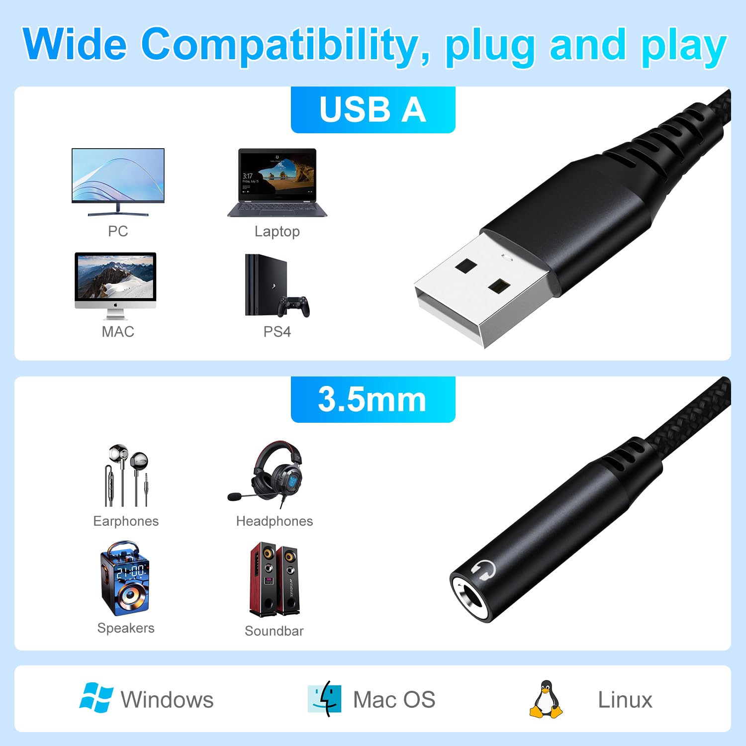 USB to 3.5mm Audio Adapter - External Sound Card USB-A to Aux Jack Converter - Compatible with PC, Mac, Laptop, PS4 & More Devices - High-Quality Stereo Audio for Gaming, Music & Calls (Black)