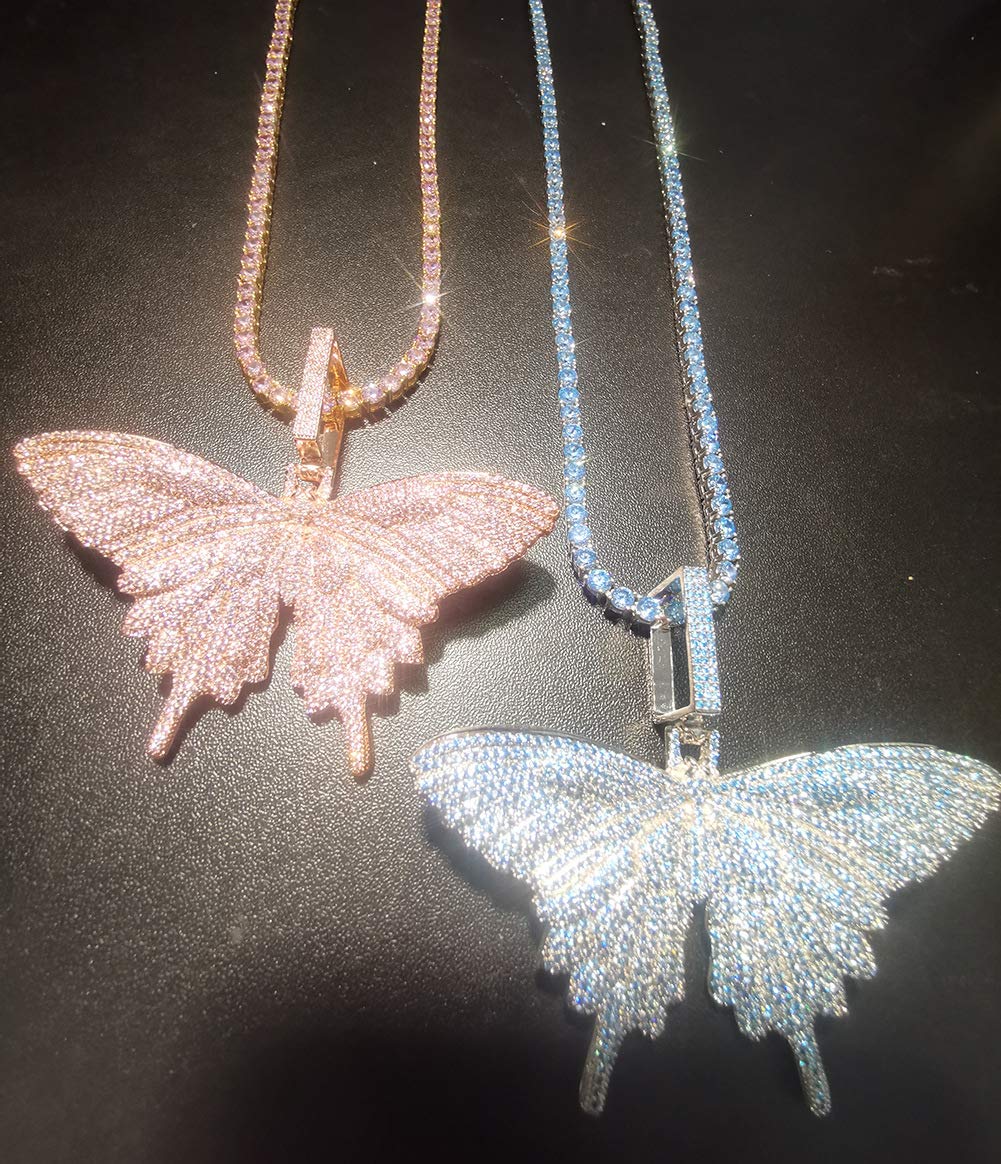 18K Gold Plated CZ Simulated Diamond Pink Butterfly Pendant Necklace for Men & Women - Iced Out Hip Hop Chain for Party, Gift & Fashion Accessories
