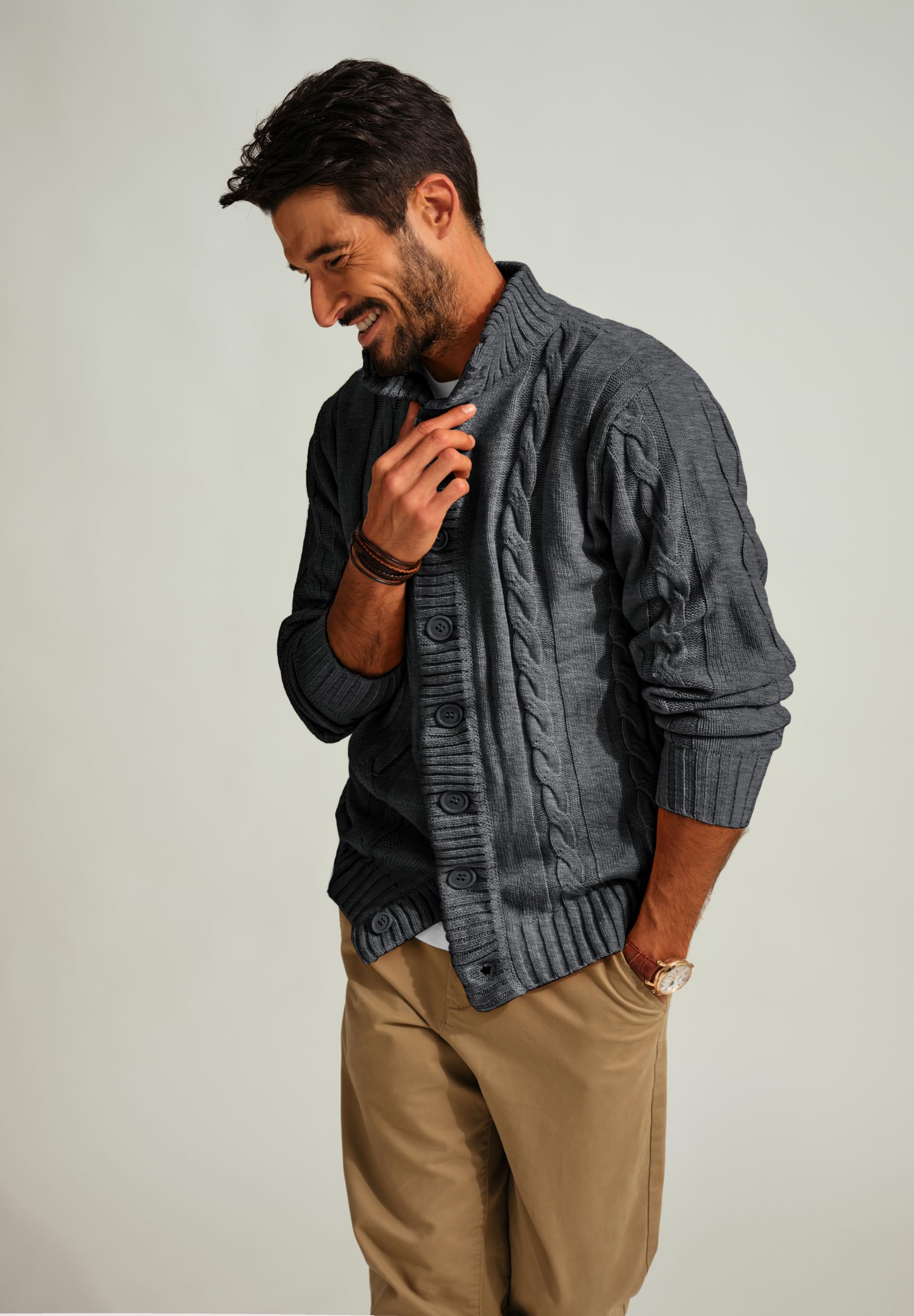 PJ PAUL JONES Men's Stand Collar Cable Knit Button Cardigan Sweater - Warm Winter Pullover for Casual Outfits & Office Wear