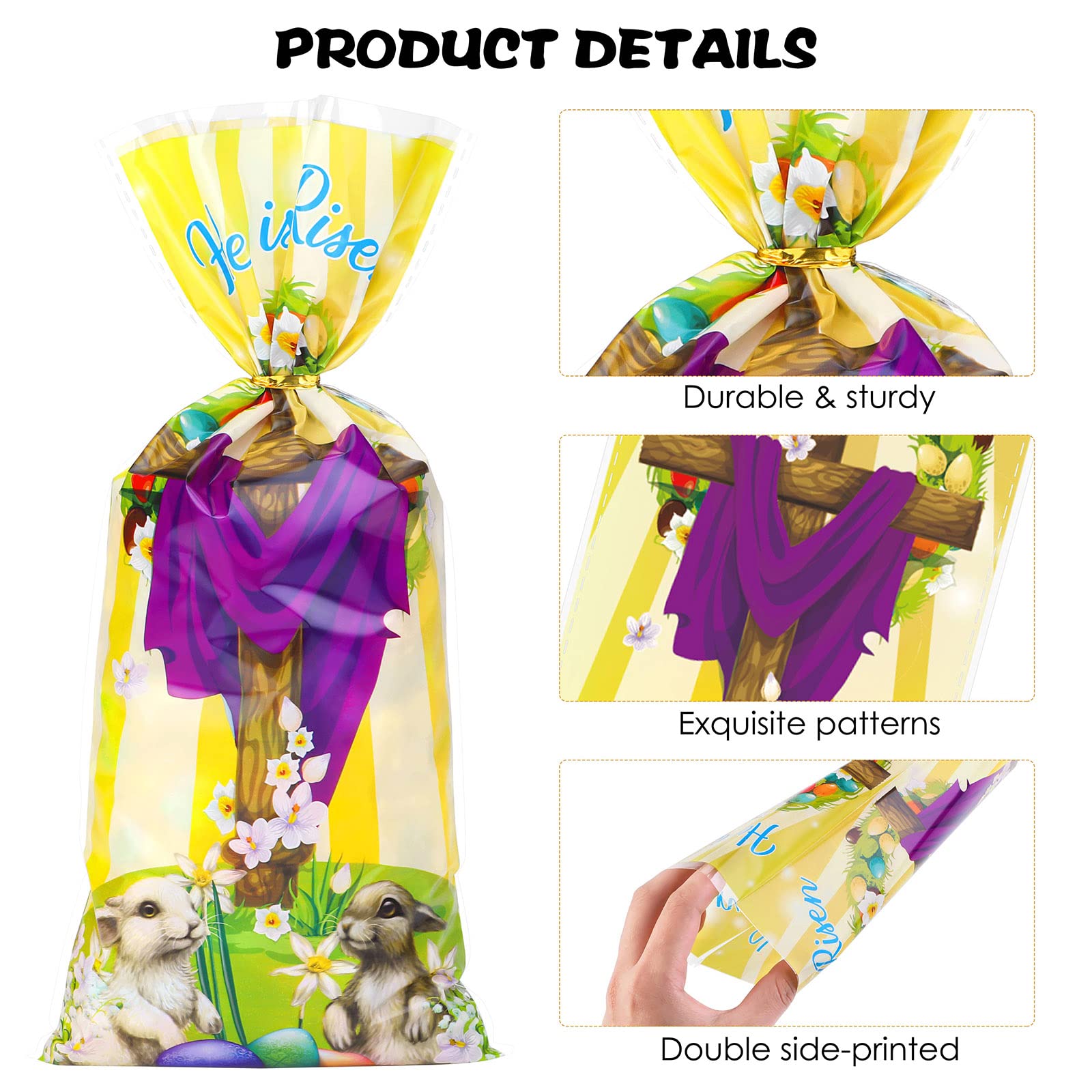 Fovths 100 Pack Clear Plastic Easter Treat Bags with Gold Twist Ties - He is Risen Cellophane Candy Bags for Easter Party Favors, Bible School Events & Egg Hunt Treats - Perfect for Church Celebrations, Sunday School Gifts & Spring Festival Goodie Bags