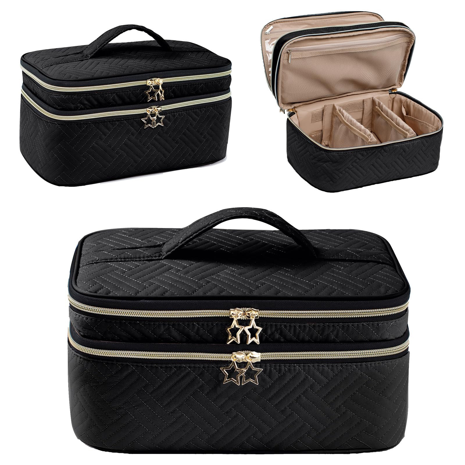 AMOIGEE Large Waterproof Makeup Bag - Double Layer Travel Cosmetic Organizer with Spacious Compartments for Brushes, Bottles & Palettes | Perfect for Travel, Home & Professional Use
