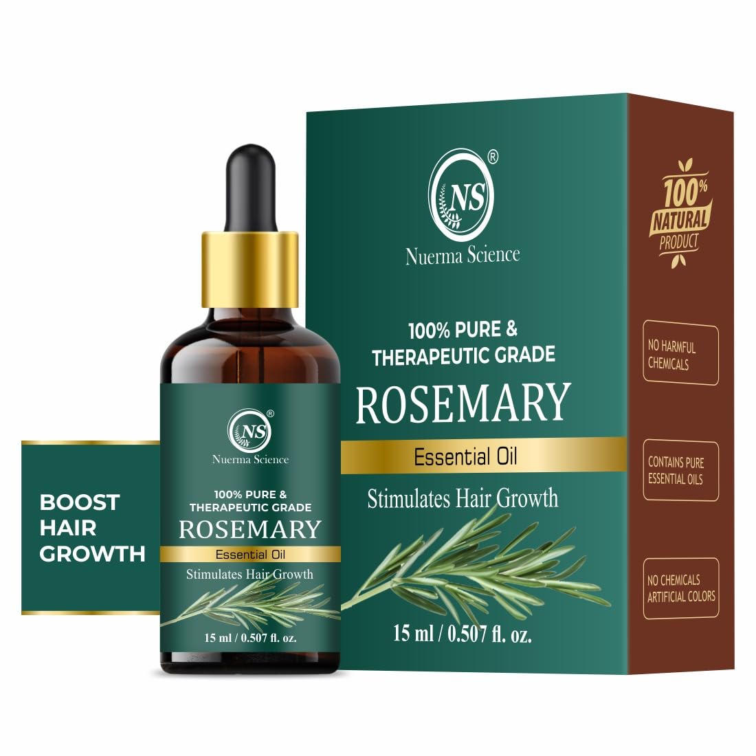 Nuerma Science 100% Pure Organic Rosemary Essential Oil for Hair Growth & Scalp Care - 15ml | Promotes Thicker Hair, Reduces Hair Fall & Dandruff | Natural Treatment for Acne & Skin Soothing | Ideal for Women & Men of All Hair Types | Perfect for Aromatherapy, Massage & DIY Beauty Recipes
