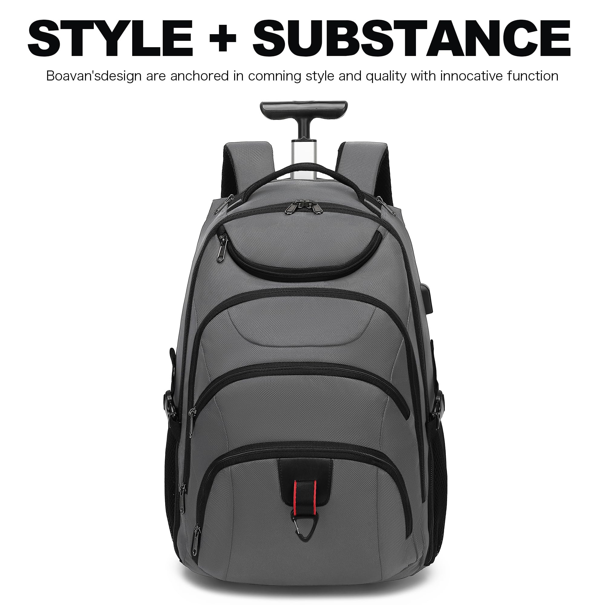Boavan 17 Inch Rolling Backpack with Wheels - Water Resistant Wheeled Carry On Luggage for Travel, Business & College - Trolley Backpack Suitcase for Men & Women - Perfect for Airplane, Commuting & Overnight Trips - Grey