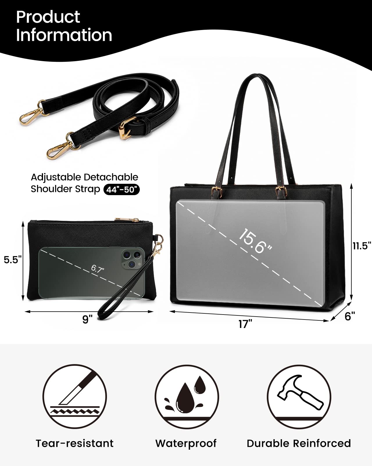 LOVEVOOK 15.6 Inch Laptop Tote Bag for Women - Waterproof PU Leather Business Shoulder Bag with USB Charging Port, Large Briefcase Handbag Purse 2Pcs Set (Black) - Perfect for Office Work, Commuting & Travel