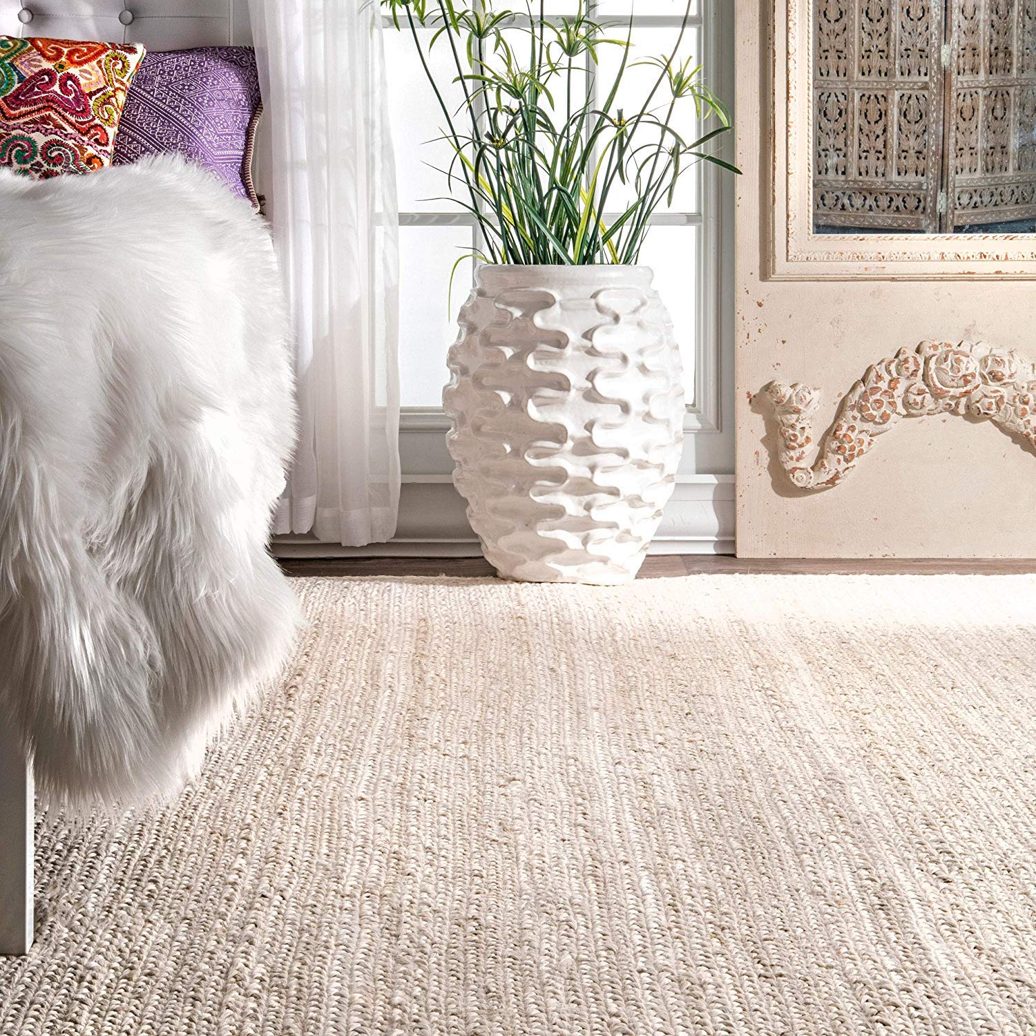 Handwoven Jute Area Rug - Natural Braided Rectangle Farmhouse Rug for Living Room, Bedroom, Kitchen (7x10 Feet, Off White) | Eco-Friendly Home Decor & Cozy Floor Mat for Family Gatherings
